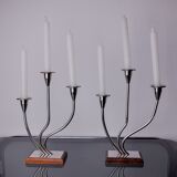 Pair of art deco candlesticks in stainless steel and rosewood 3 flames, Spain, 1970