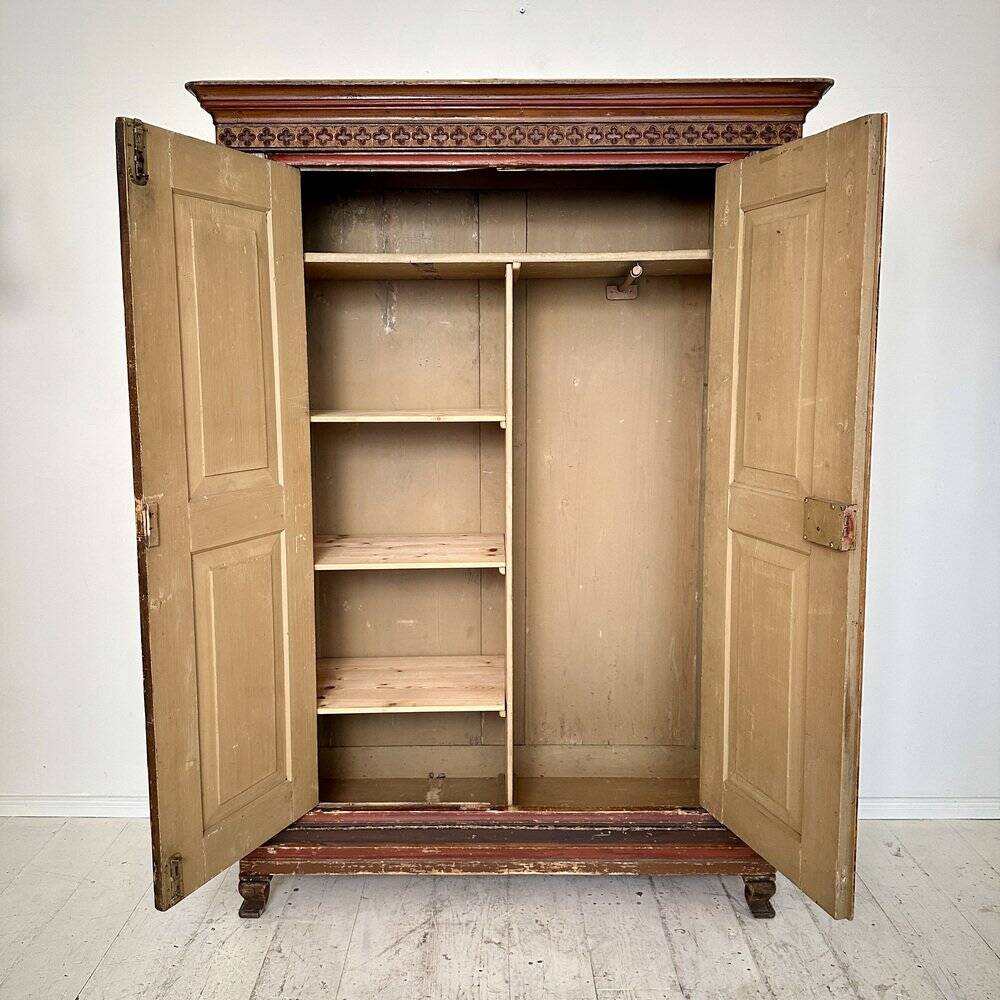 German Neo-Gothic Painted and Carved Wardrobe, 1880