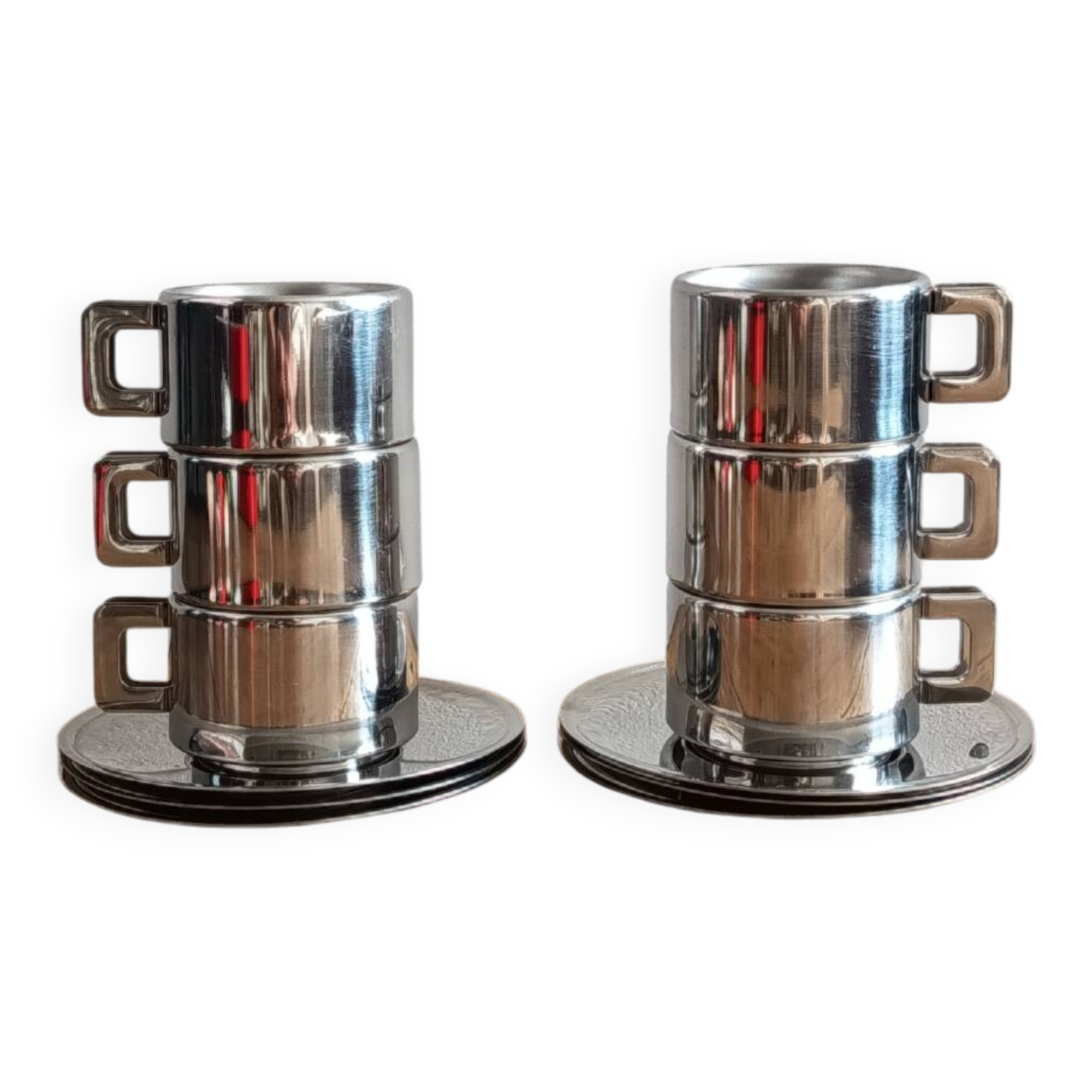 Set of 6 Casalinghi stainless steel cups and saucers, vintage Italian design