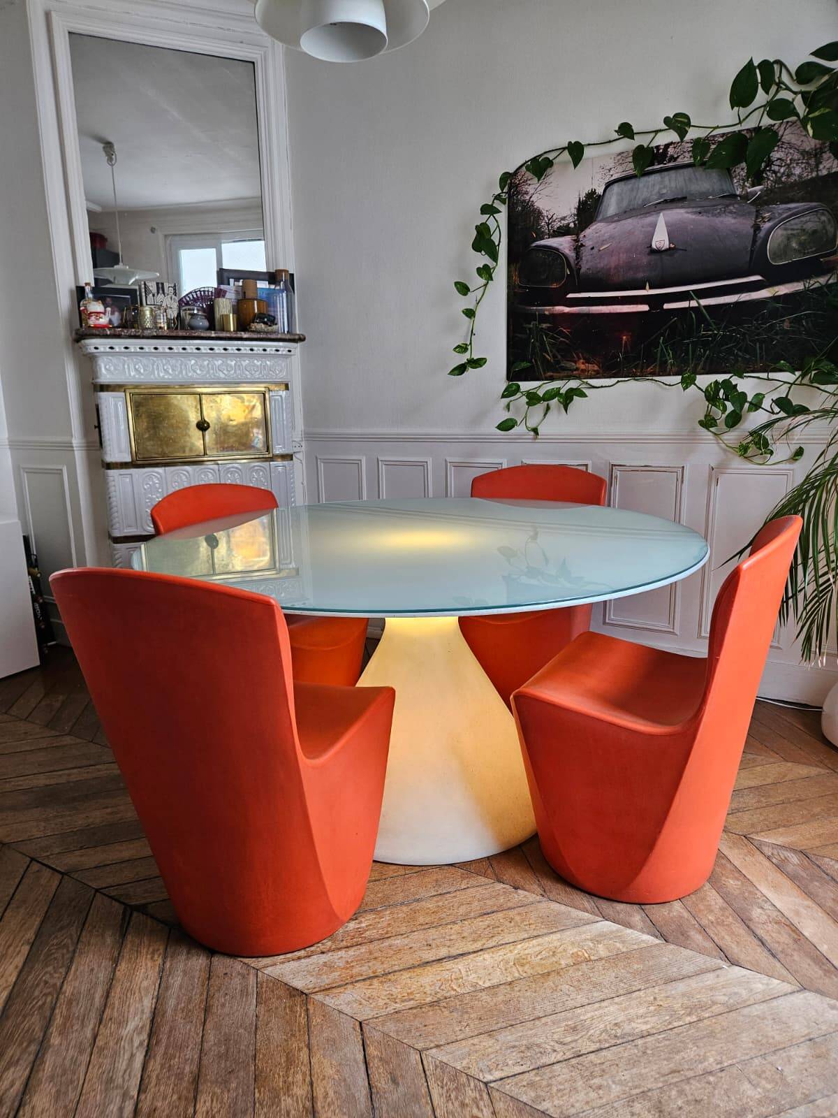 Table lumineuse ED et 4 chaises Zoe – Slide, design Guglielmo Berch