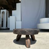 Small tripod stool low in dark brown upcycled teak