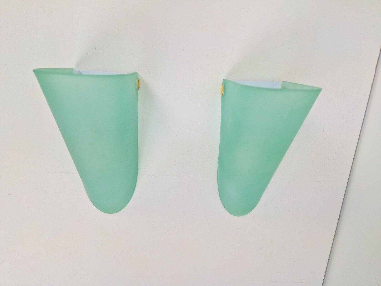 Vintage Triangular Conical Wall Sconces in Green Frosted Glass from Lumal-It, 1990s, Set of 2