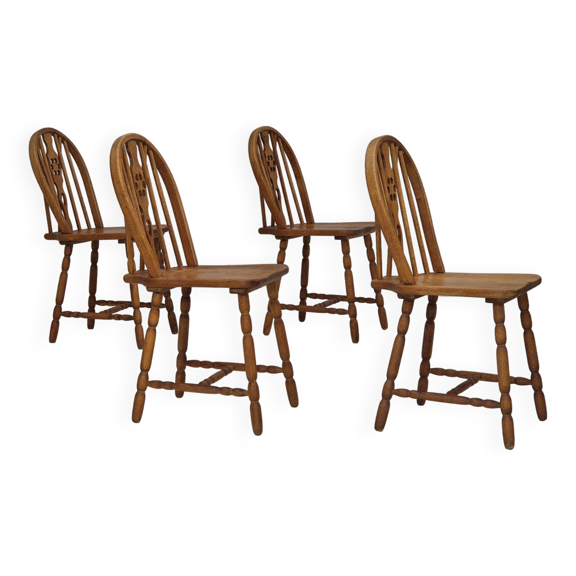 1960s, set of 4 scandinavian dining chairs in solid oak wood, original good condition.