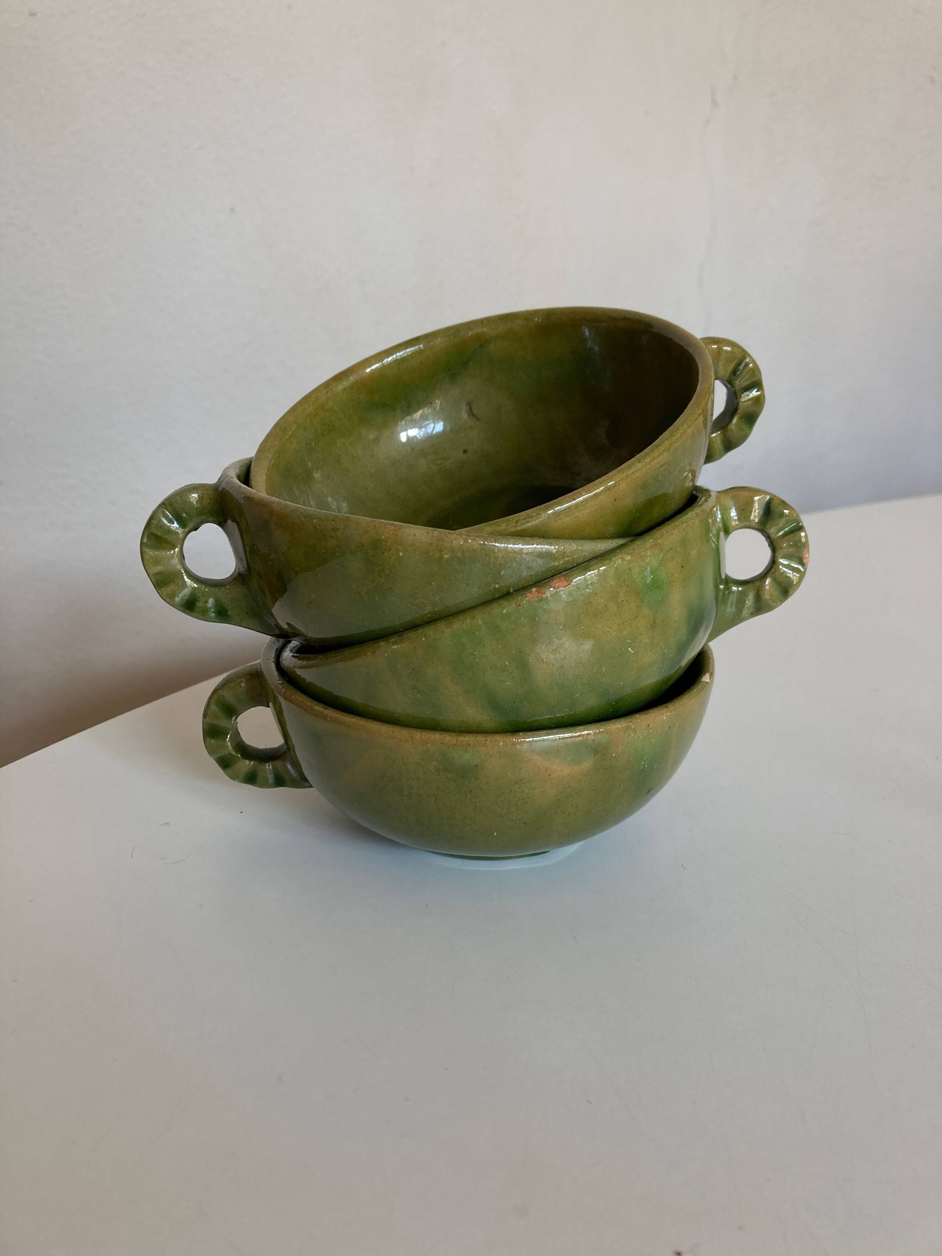 Set of 4 green glazed earth bowls from Biot 1960