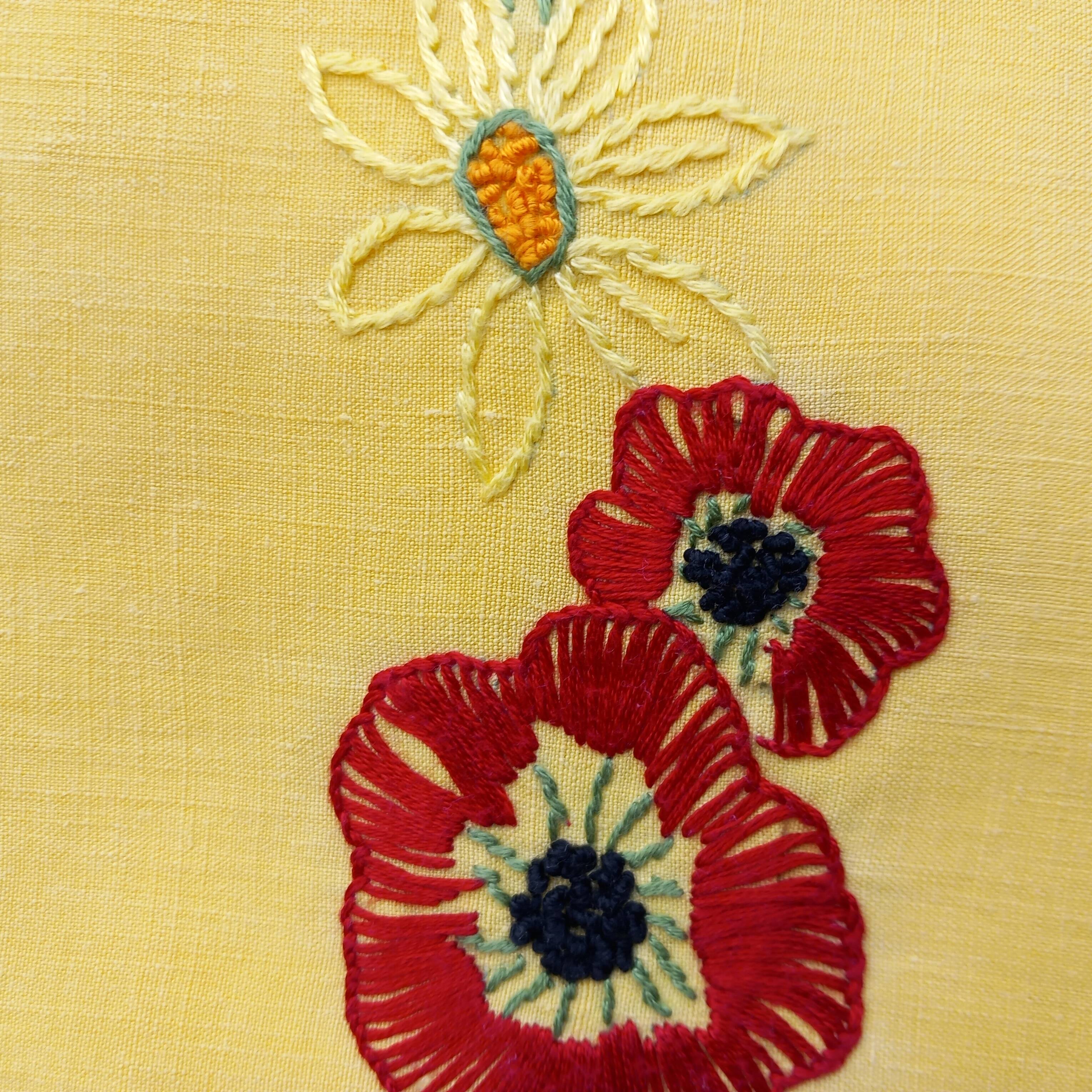 Small vintage yellow embroidered tablecloth and 12 napkins.