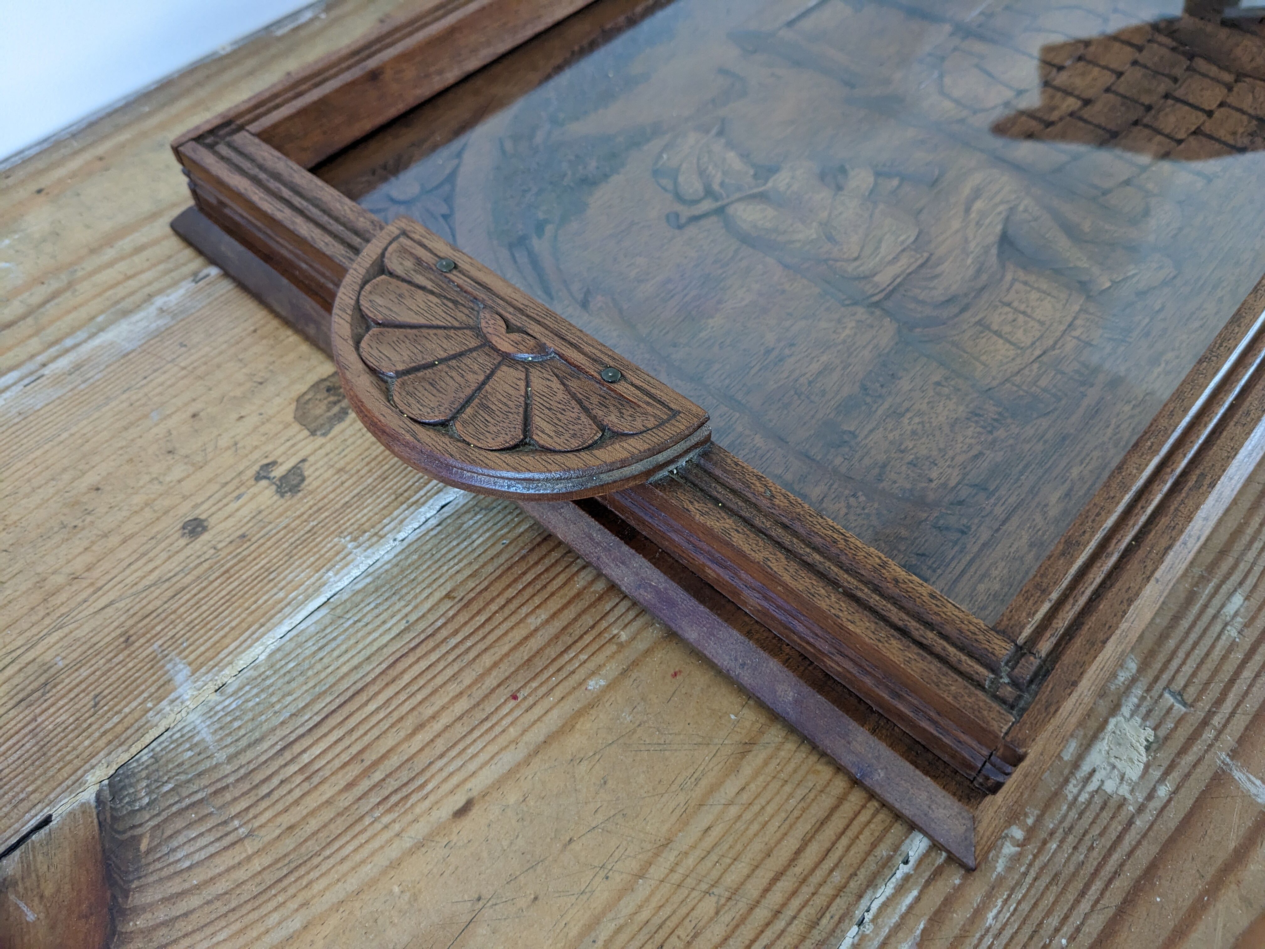 Vintage wooden serving tray signed Souron