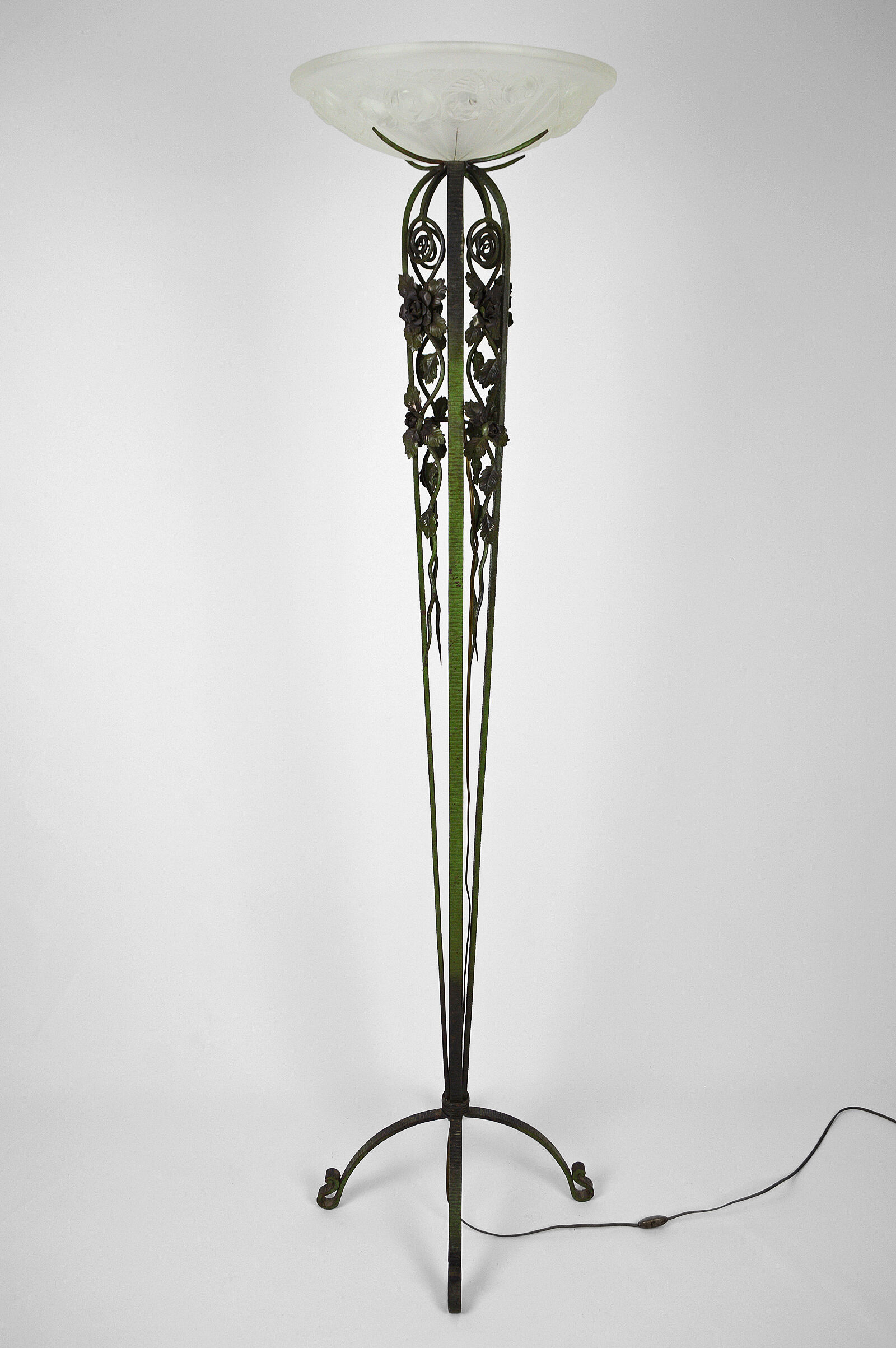 Art Deco floor lamp with wrought iron roses and green patina