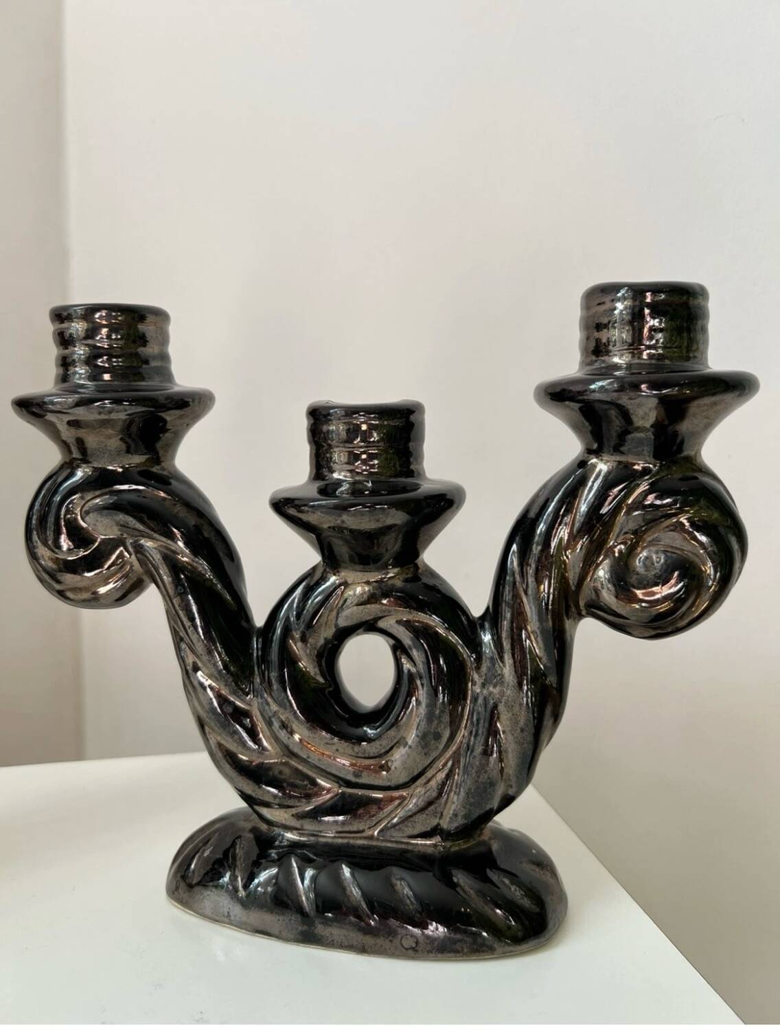 Pair of vintage iridescent black candlesticks, Vallauris style