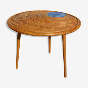 Round coffee table deco tray in rattan and ceramics