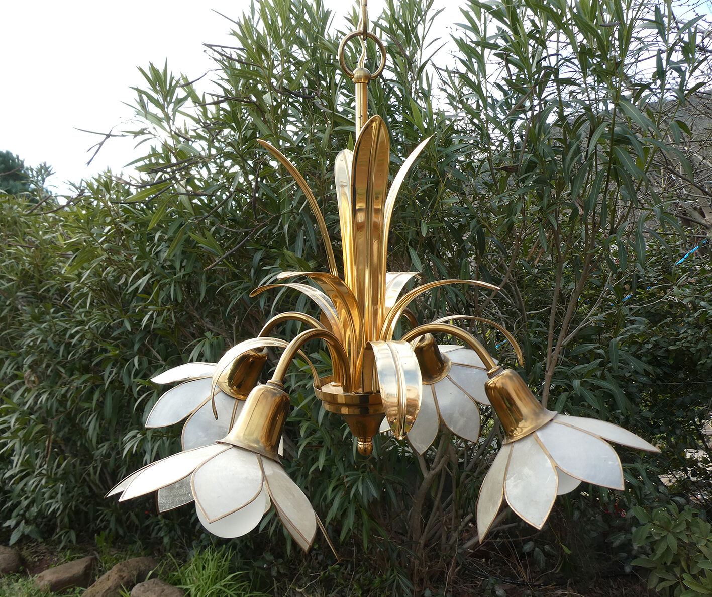 Brass chandelier and flowers in mother-of-pearl petals