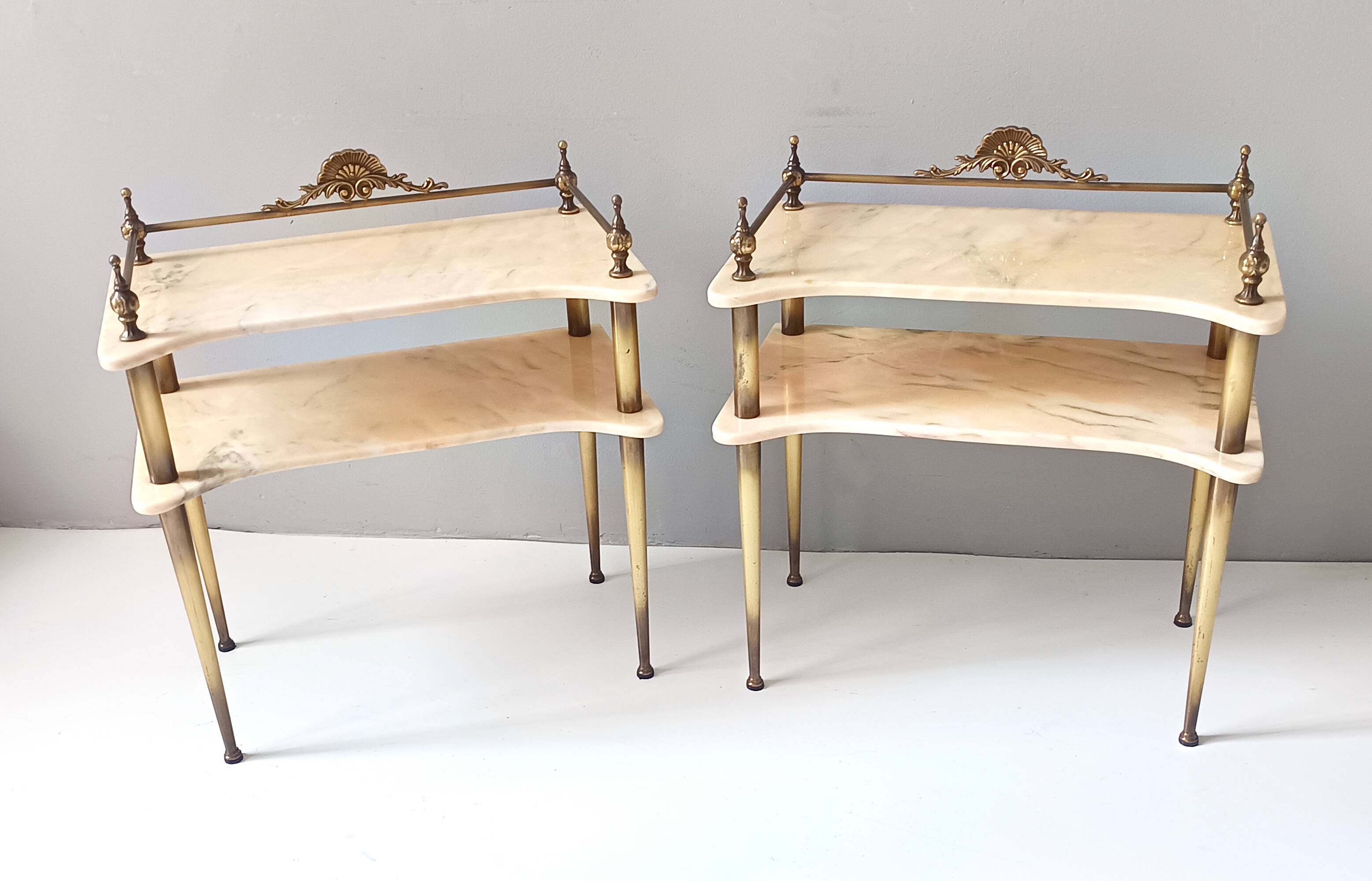 Pair of Nightstands / Console Tables with Marble Tops and Brass Legs, Italy