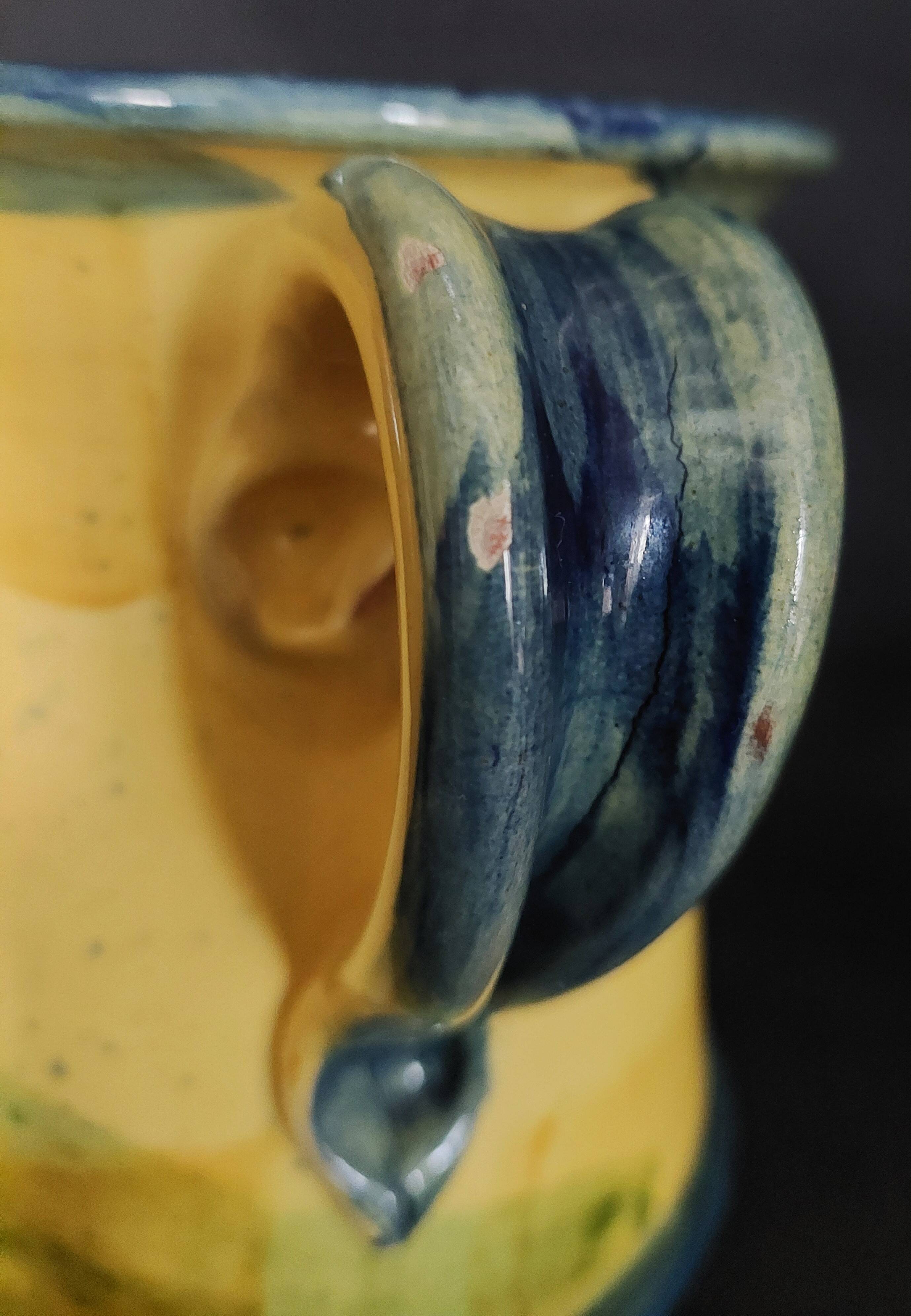 Vintage earthenware pitcher with a glossy finish, signature to be identified, 20th-century ceramics.