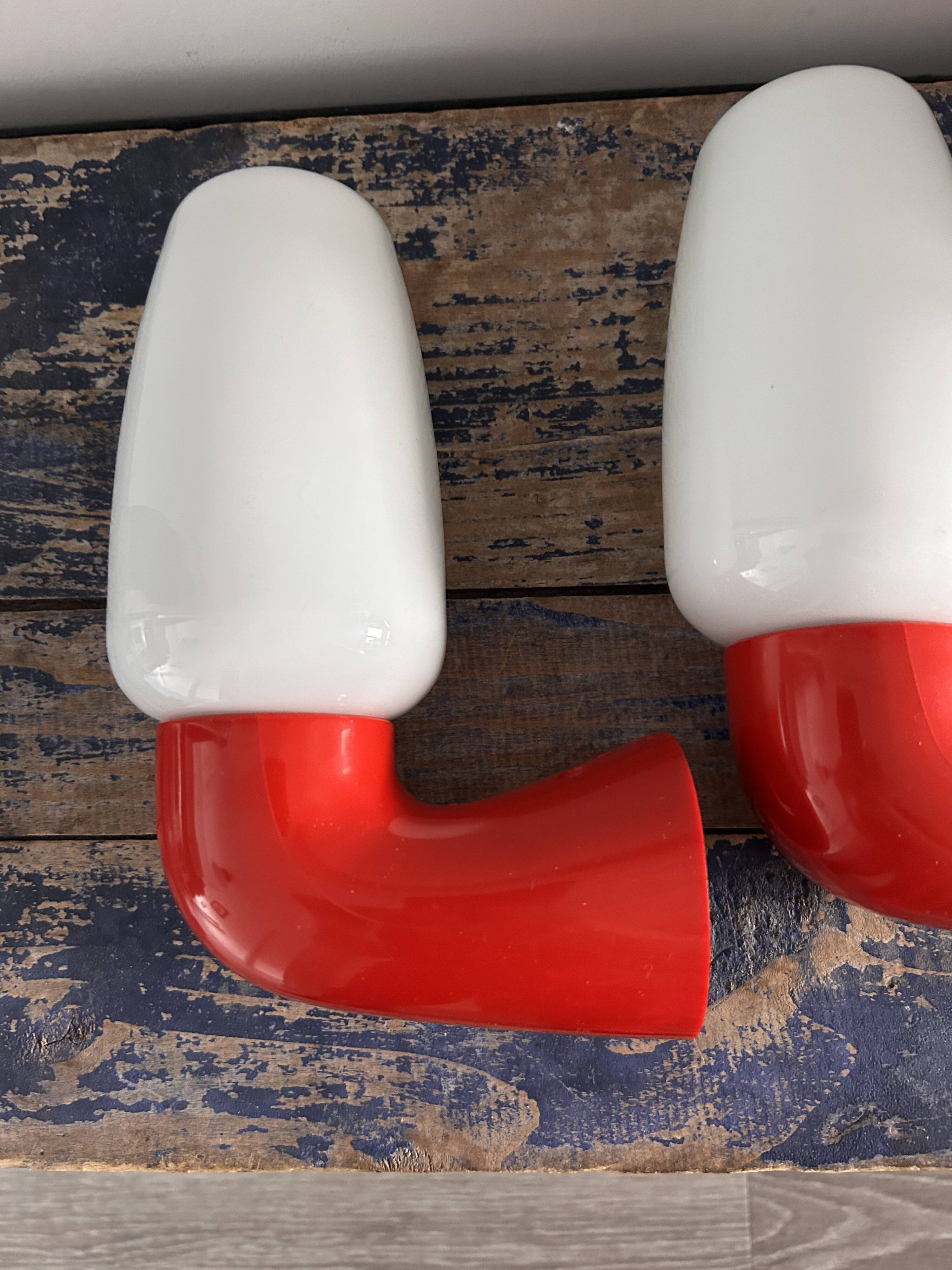 Pair of red and white seventies wall lights