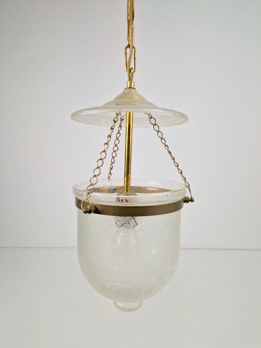 Vintage Brass and Mounted Glass Hundi Lantern Bell Lamp, 1950s
