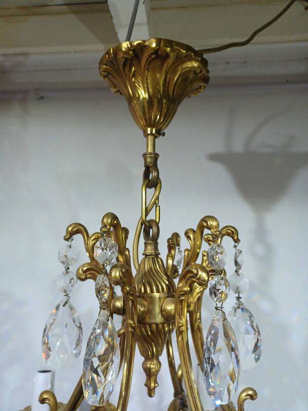 Lustre cage 6 lumières bronze et cristal