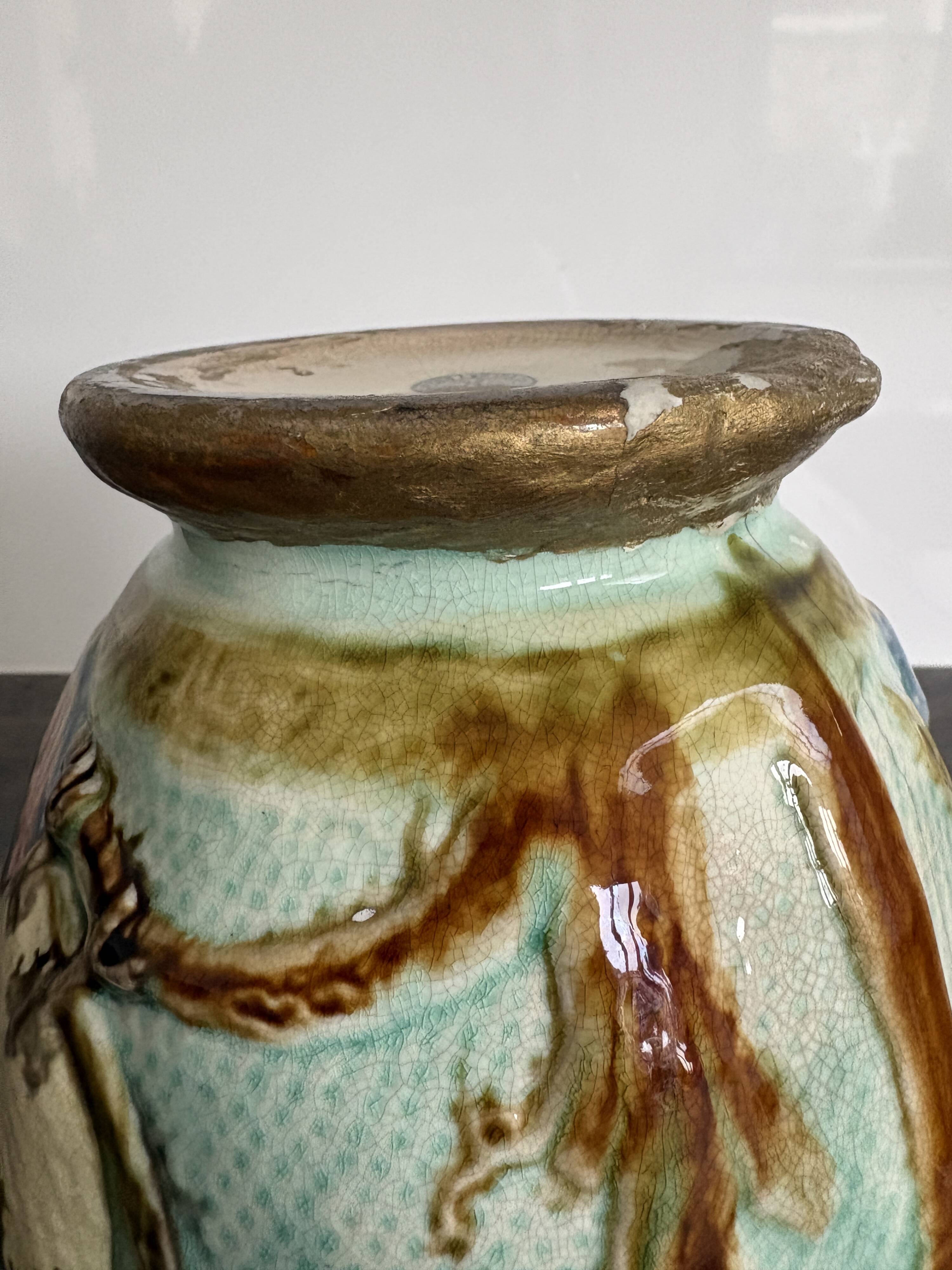 Pichet barbotine 19th century with bird decoration.