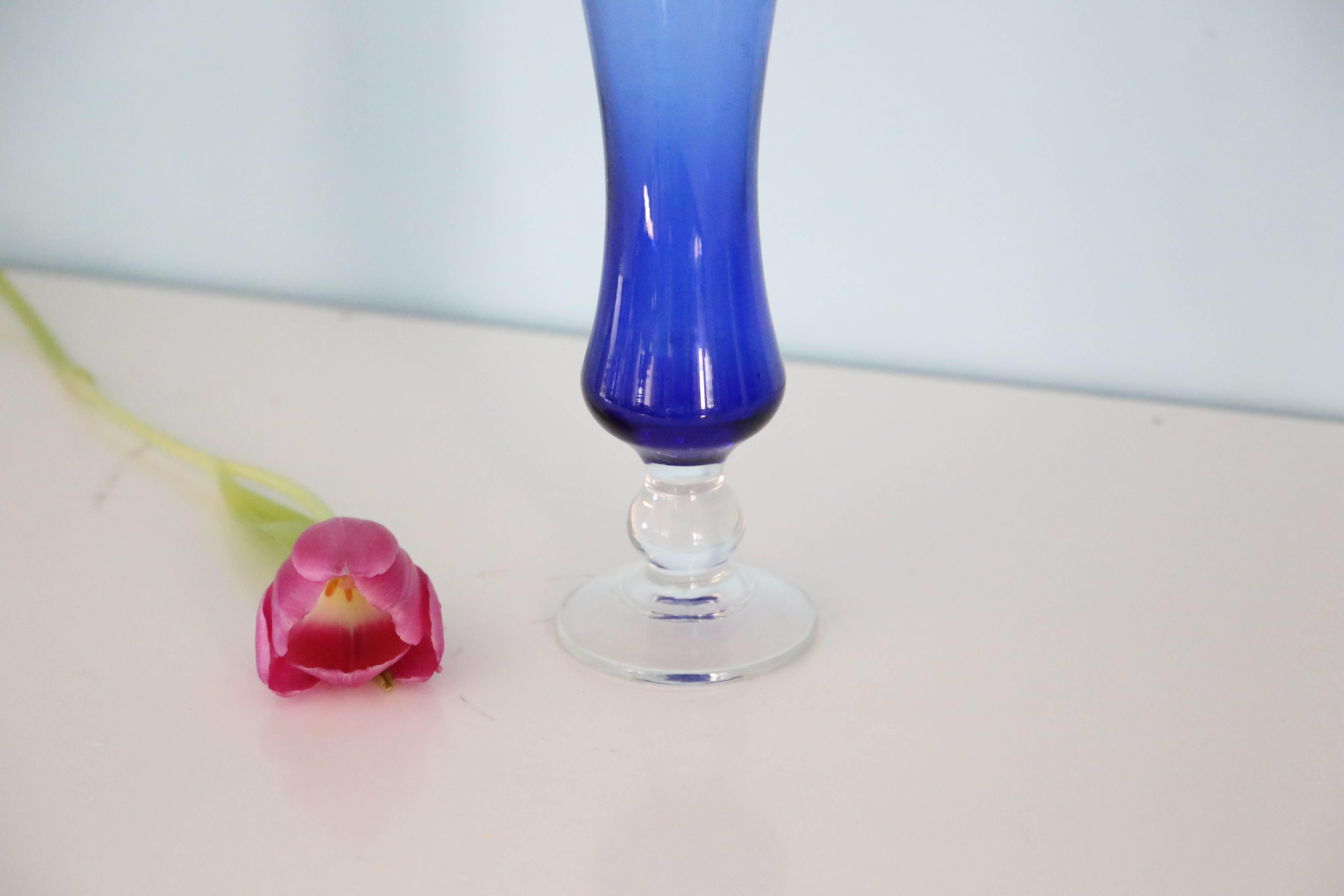 Blue vase, transparent foot, Duralex, vintage