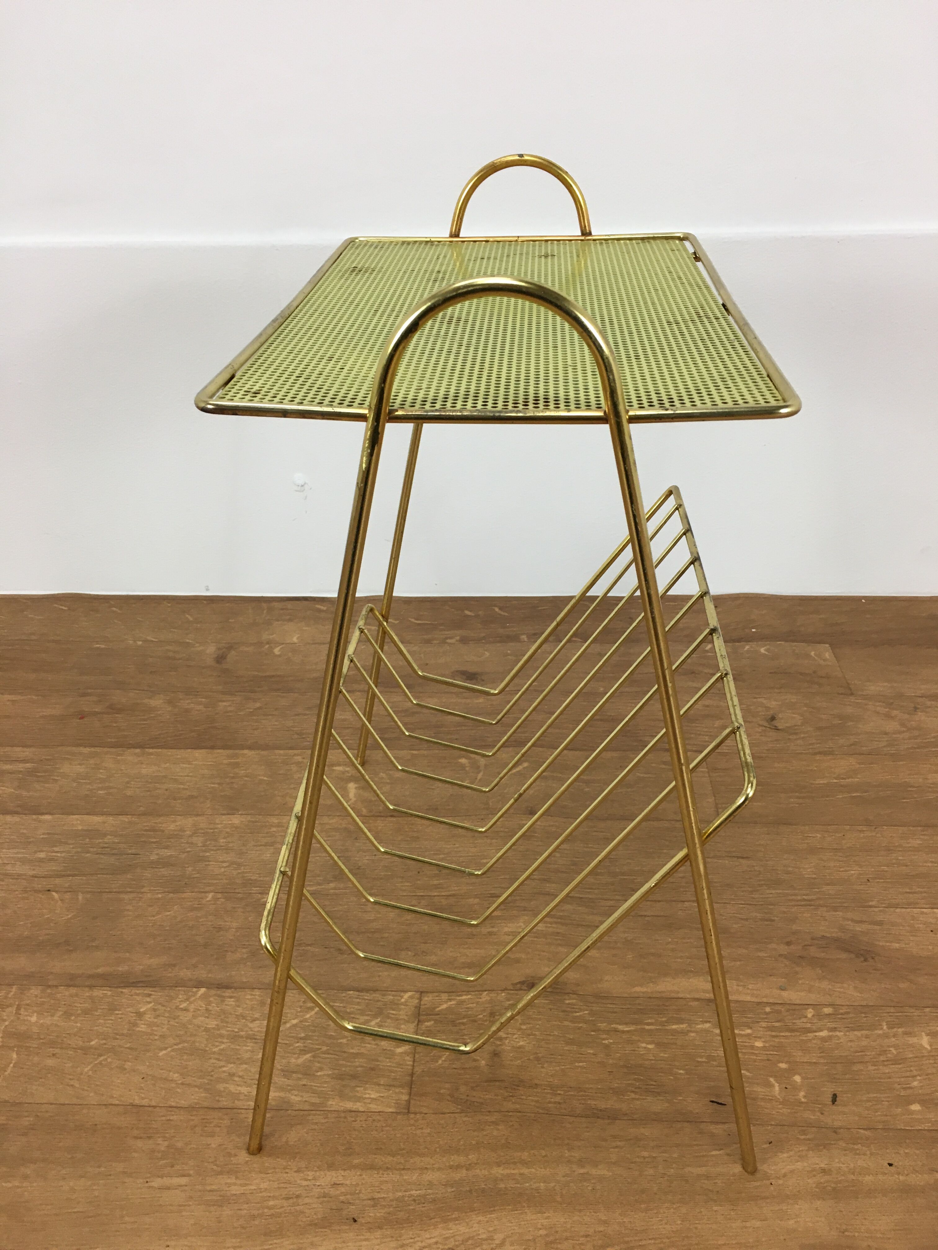 Vinyl magazine holder side table, perforated sheet metal, 50s