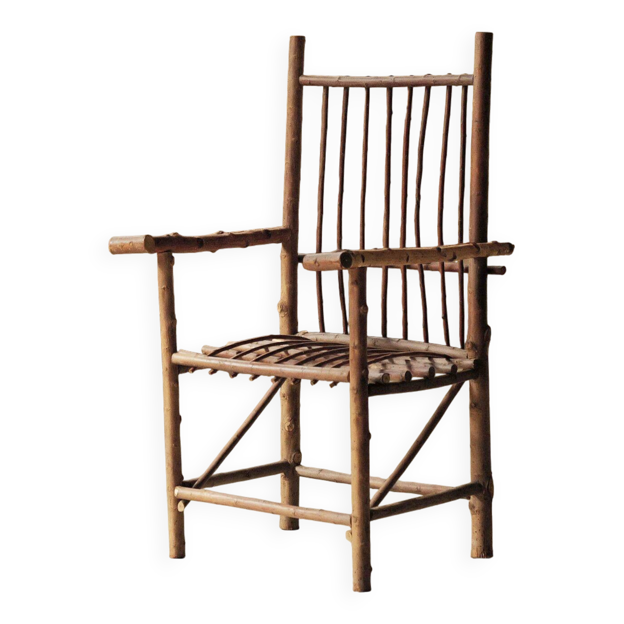 Brutalist armchair made of hazel branches, circa 1970.