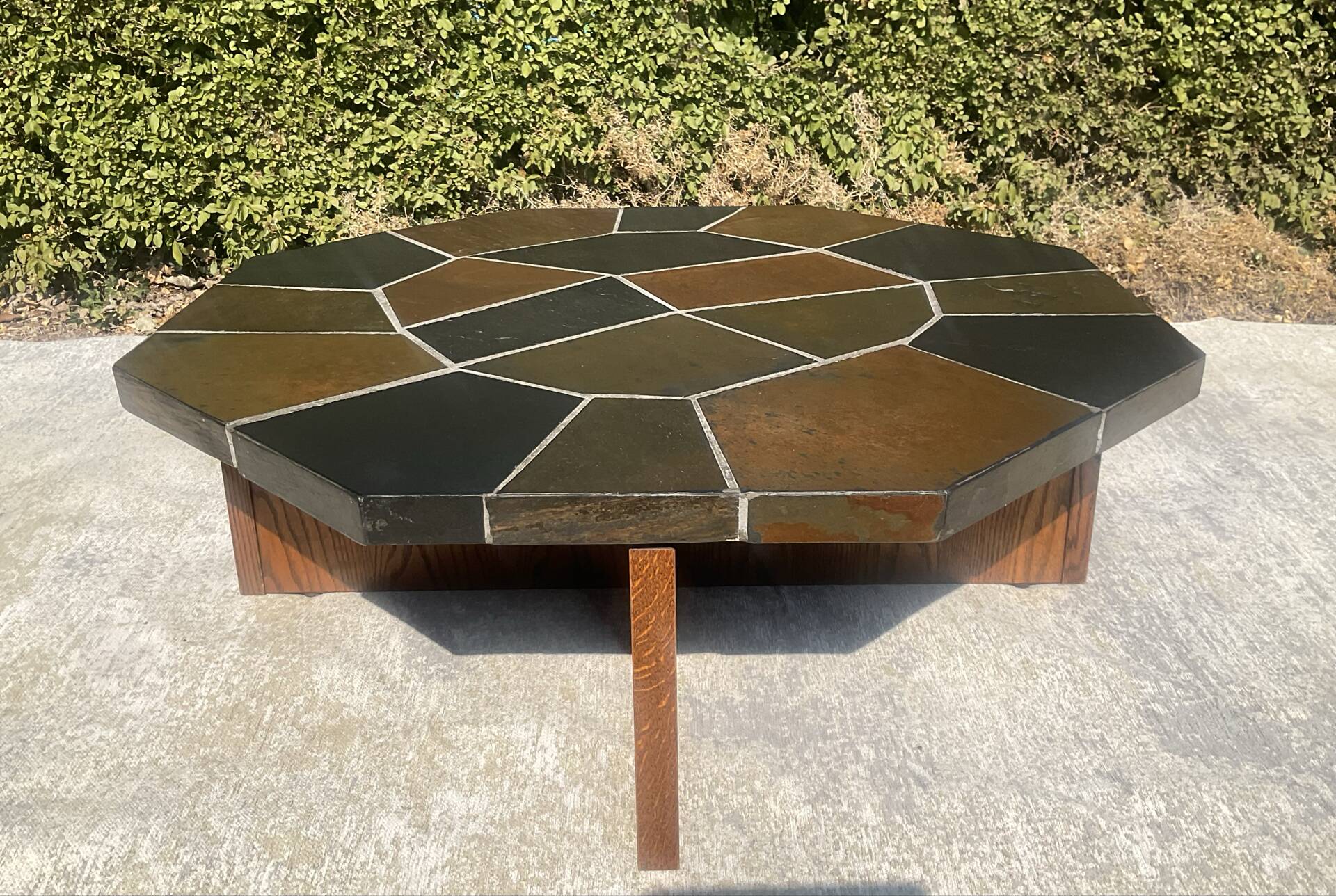 Brutalist octagonal coffee table from the 1970s in solid oak and slate.
