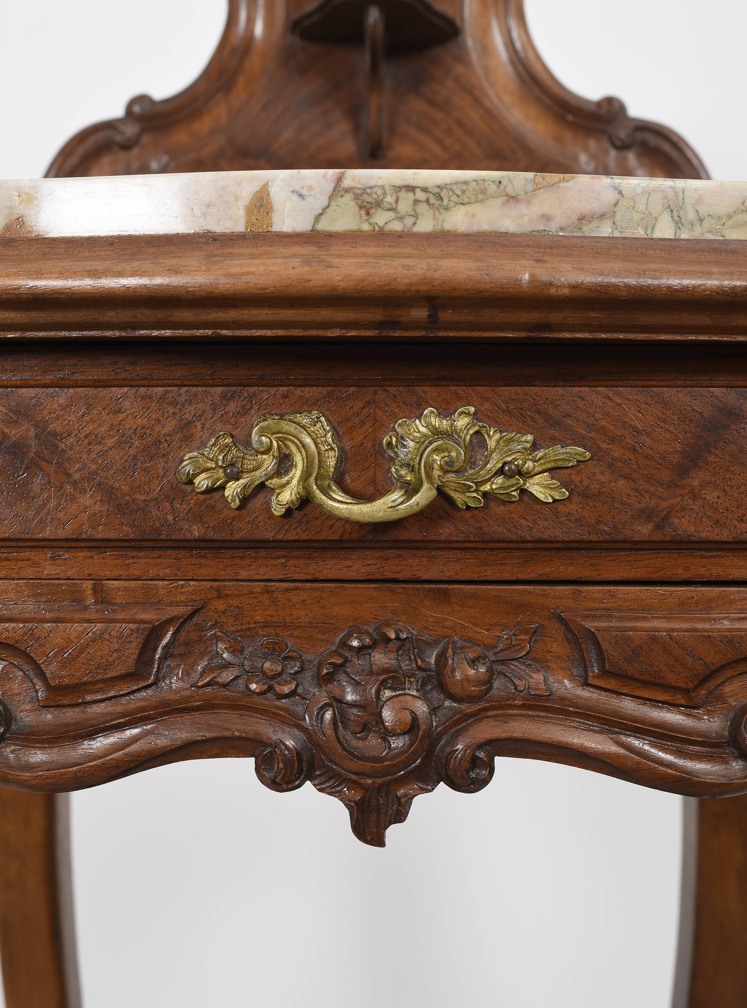 Pedestal table, old bedside table, Louis XV style, in wood and marble