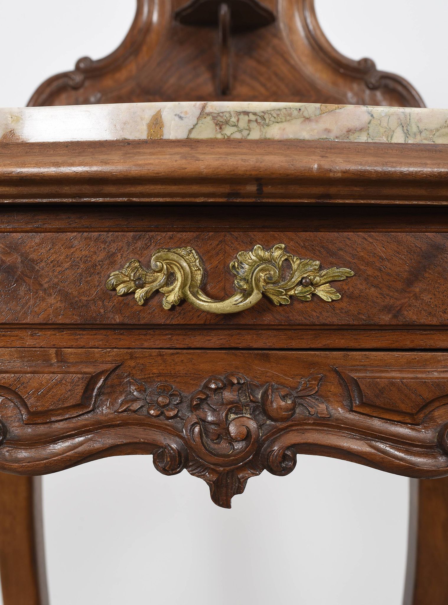Pedestal table, old bedside table, Louis XV style, in wood and marble
