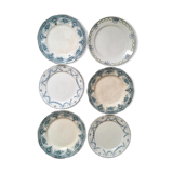 Together six dinner plates old mismatched bluish green.