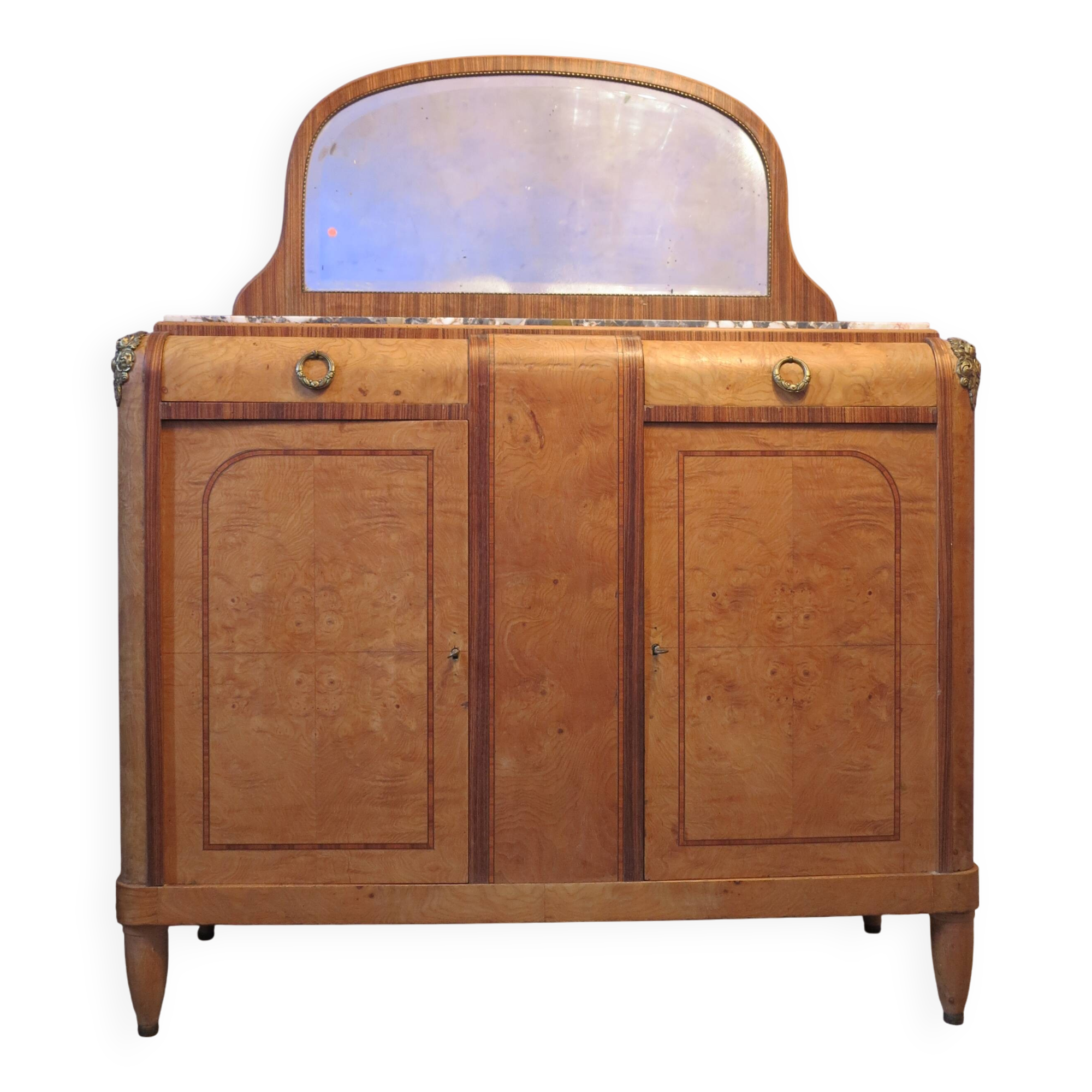1925 sideboard with two doors, two drawers and beveled mirror, marble top