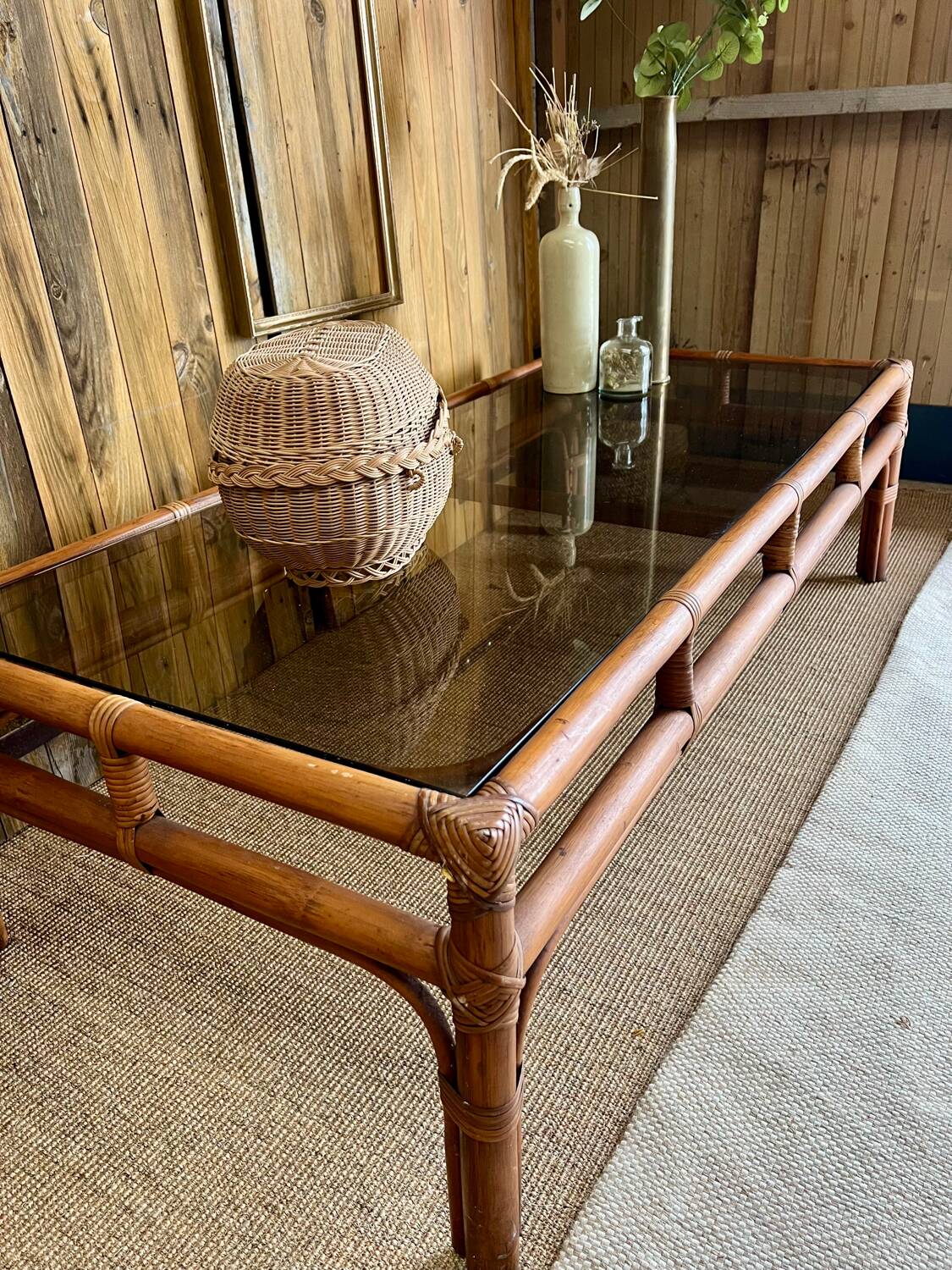 Large bamboo and smoked glass coffee table