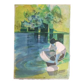 La blanchisseuse - lithograph signed - camille hilaire