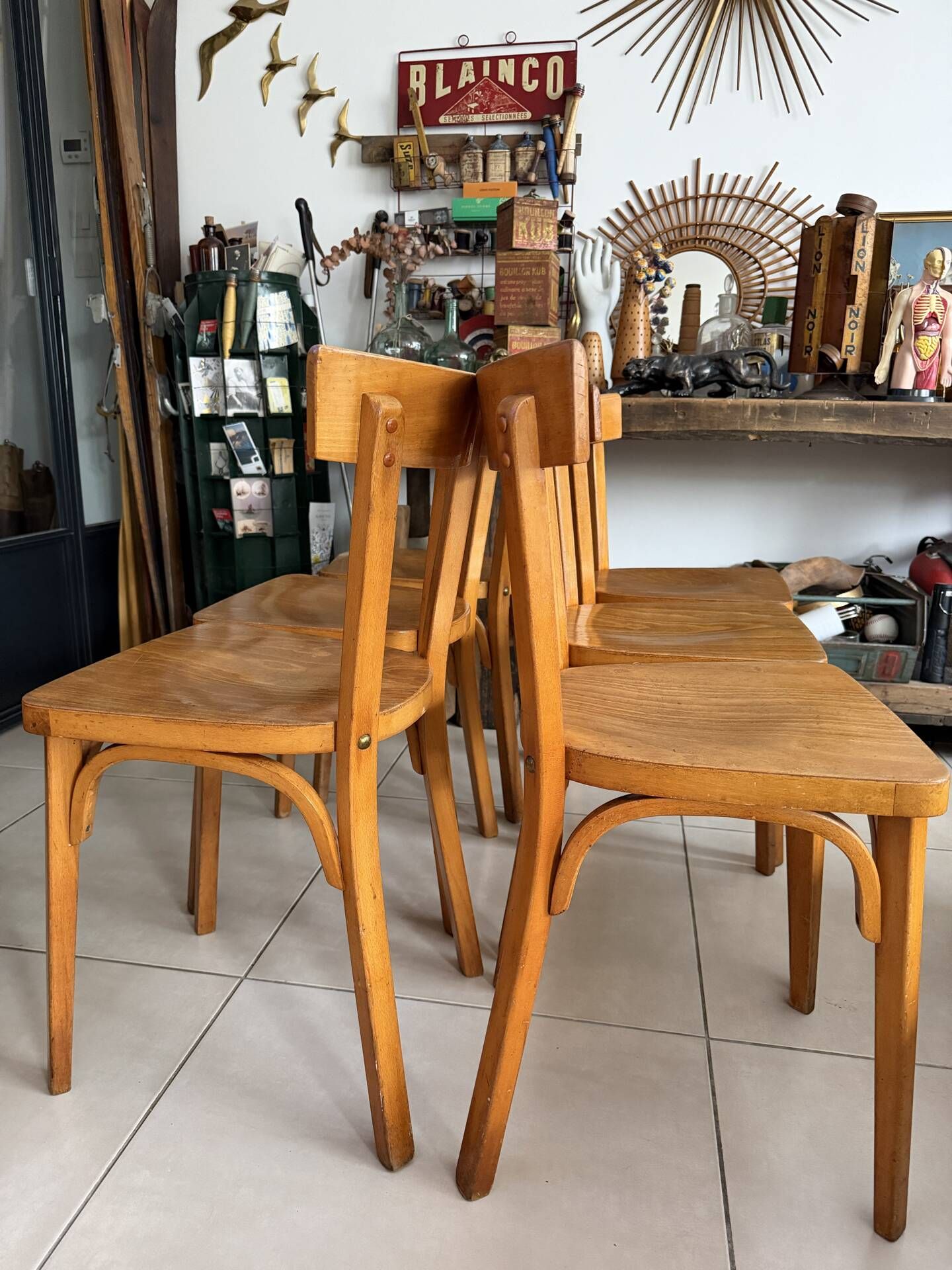 Set of 6 vintage wooden bistro chairs by Baumann