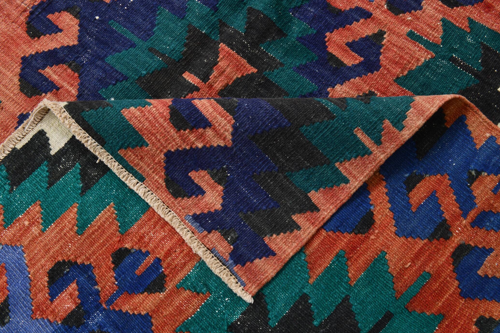 5x8 Blue & Red Geometric Style Vintage Kilim Rug, 158x238Cm