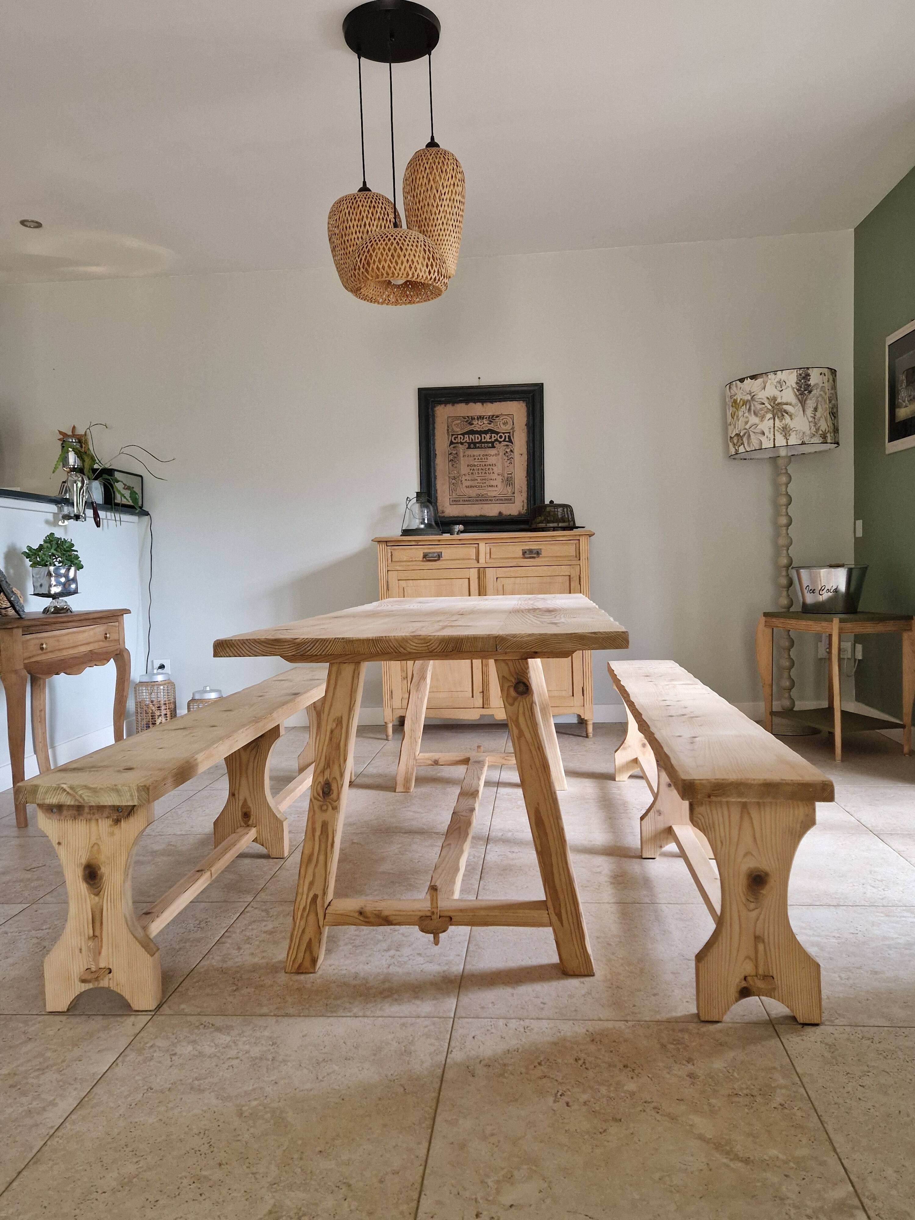 farm table and wooden benches