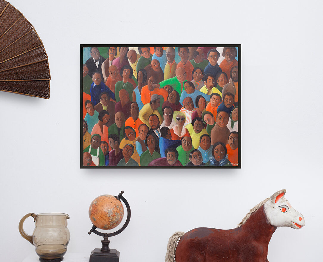 Huile sur toile, style cubain - foule personnages - 65 x 50 cm