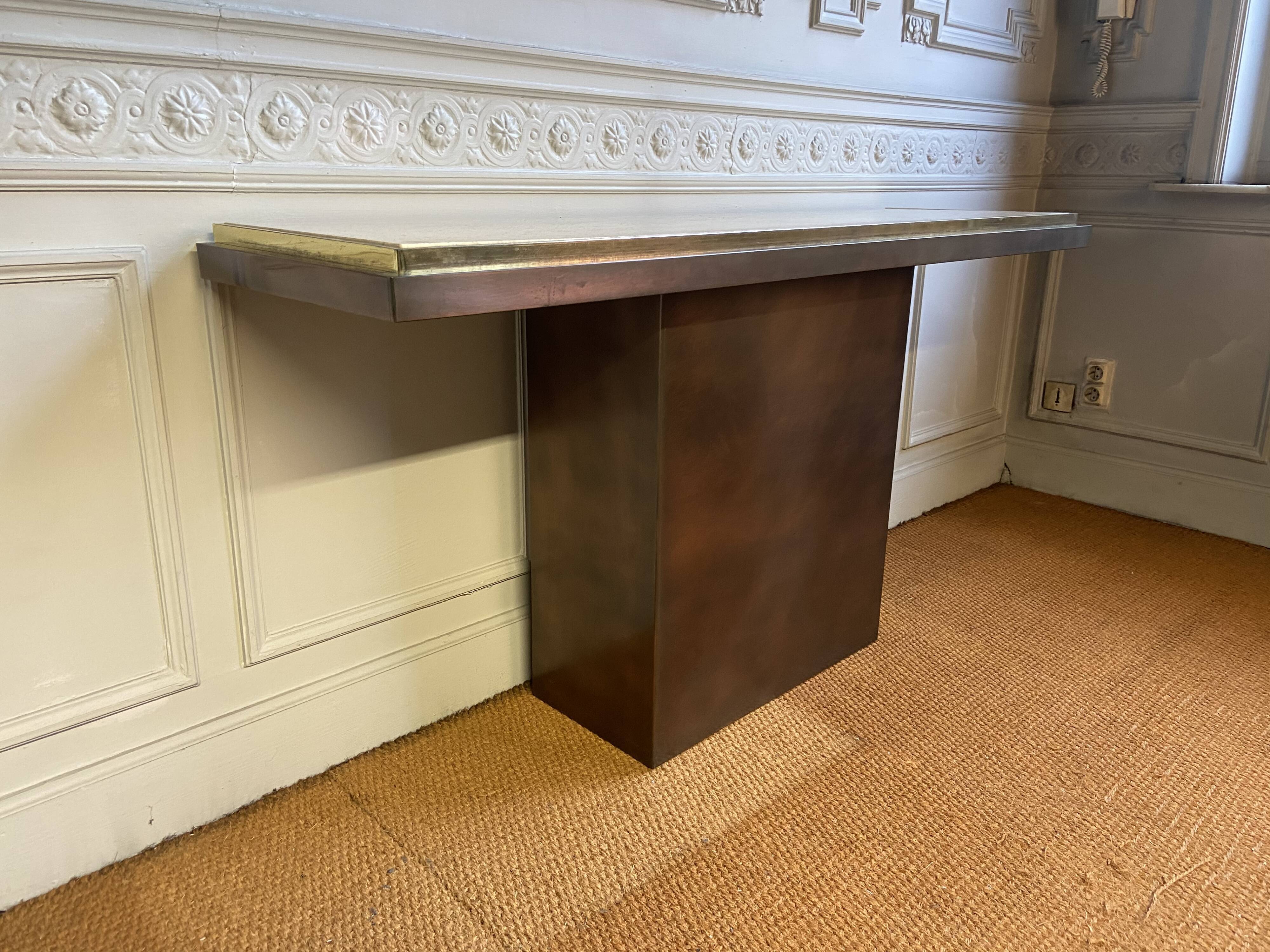 Belgo Chrom console, copper and travertine metal, Belgium, 1970