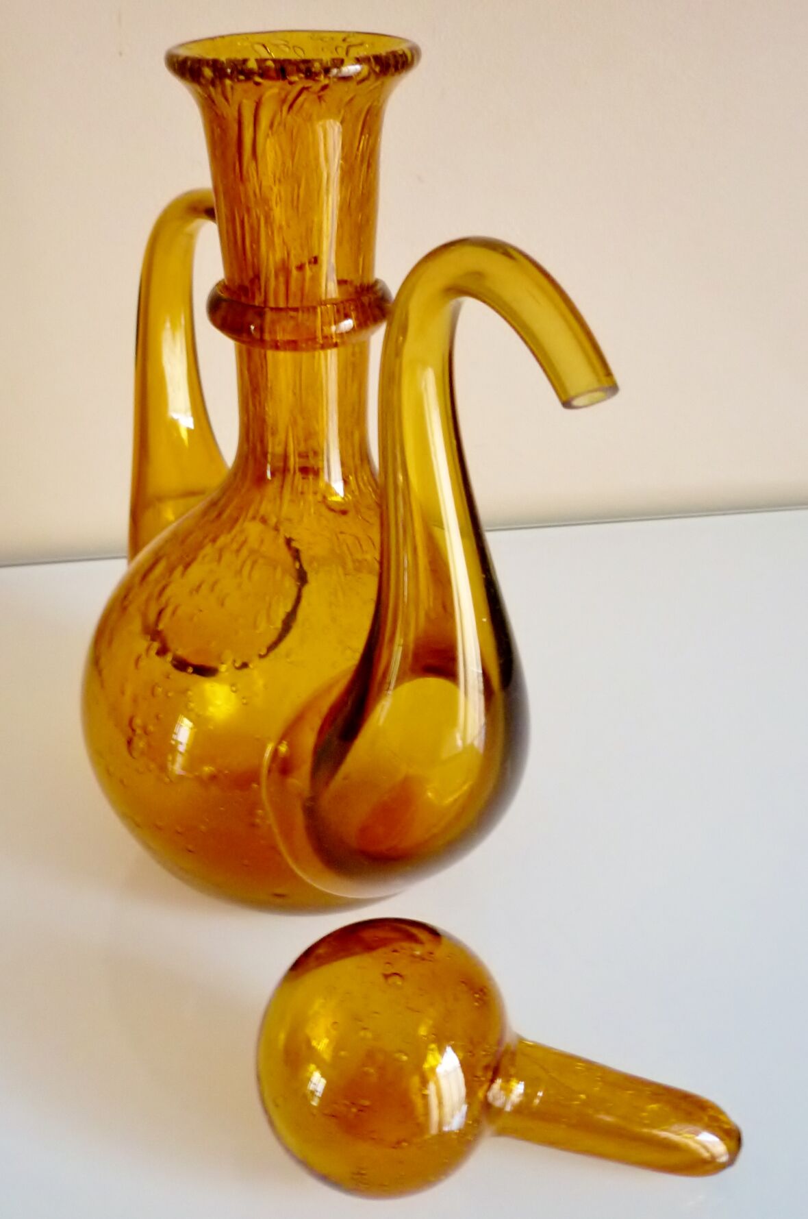 Blown glass carafe from Biot, amber, bubbled, vintage 70s