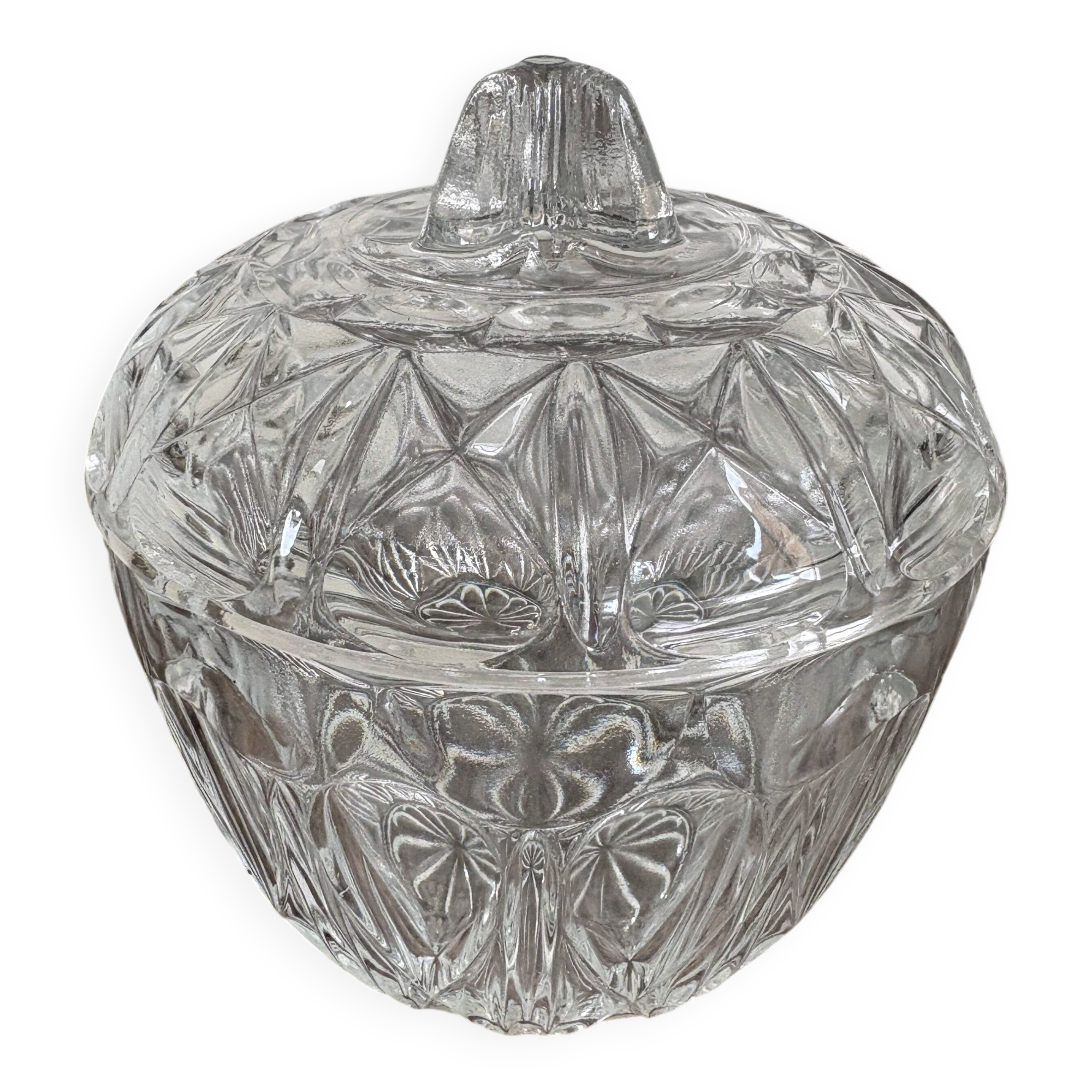 Antique covered jar in chiseled glass