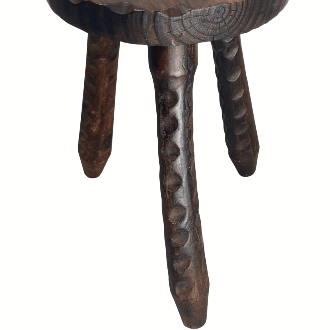 Brutalist carved tripod milking stool, 1950s