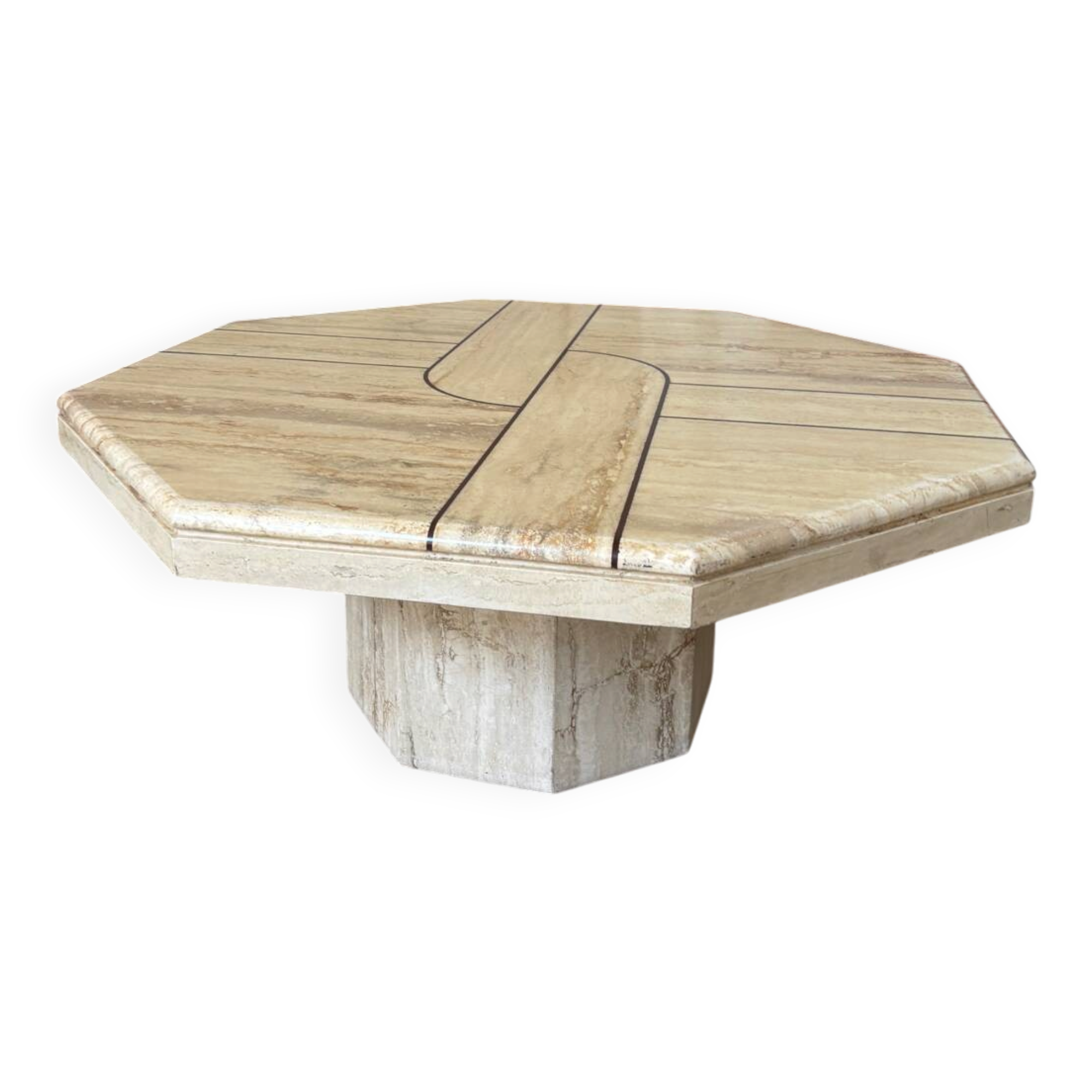 Vintage Octagonal Travertine Coffee Table with Geometric Pattern, 1970