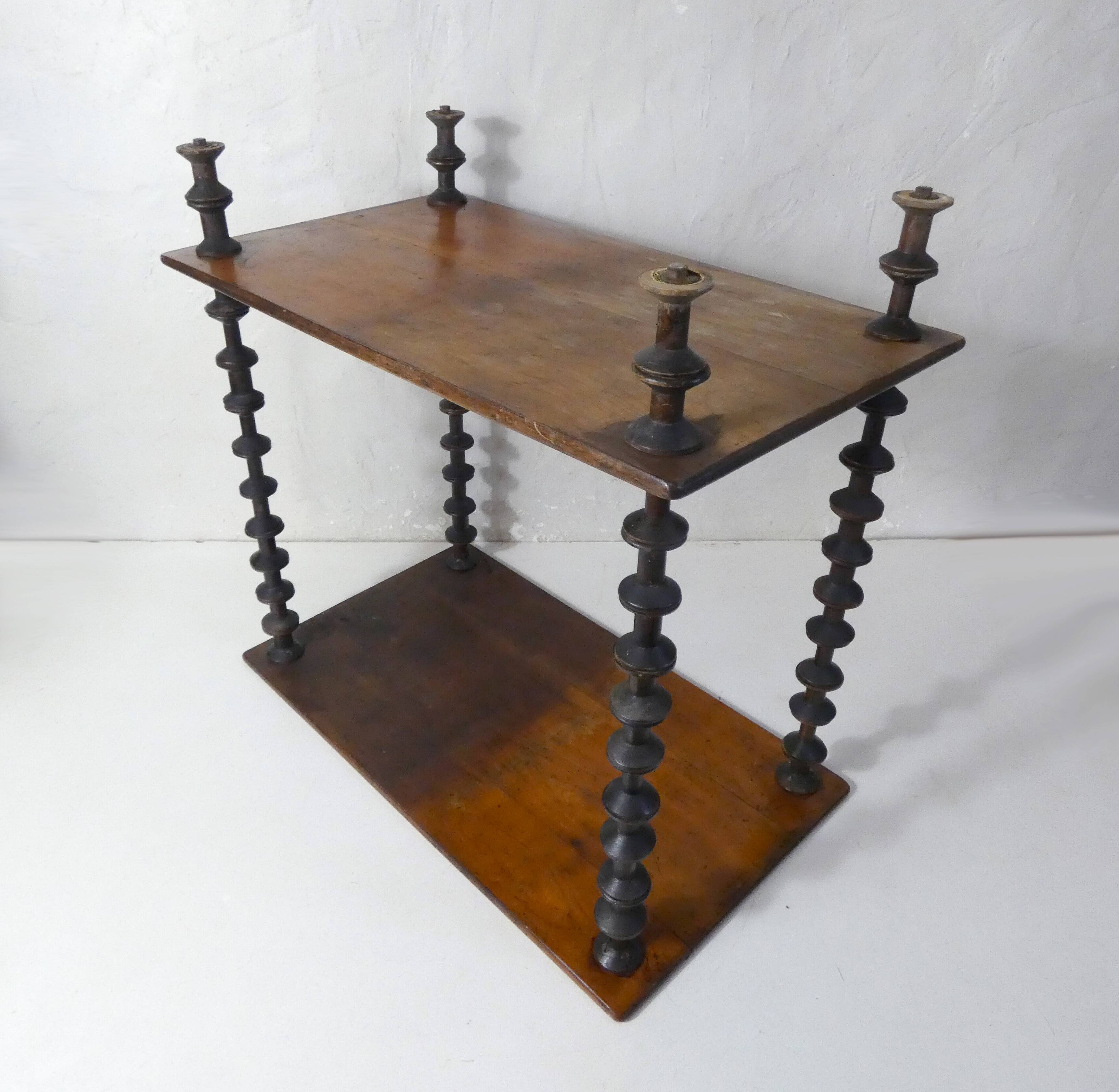 Antique wooden shelf with DMC spools – Industrial sideboard