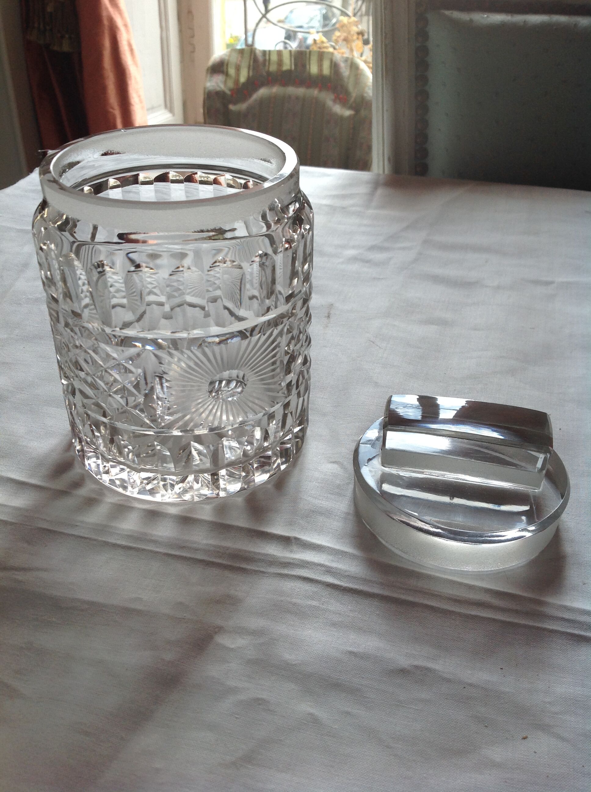 Pot with cut glass lid, 50.00.