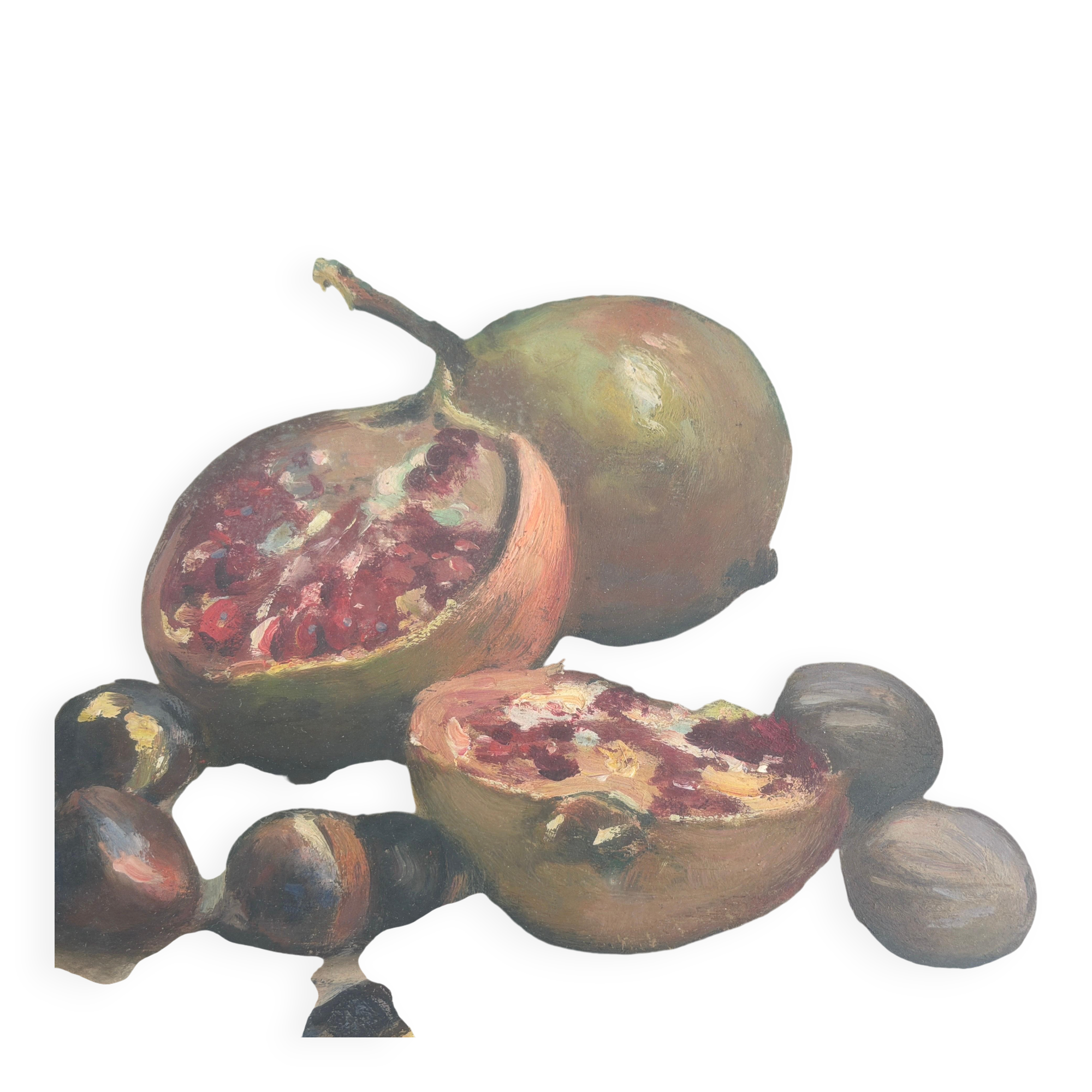 Still life with pomegranates and walnuts Oil painting on canvas signed, 1967, Italy