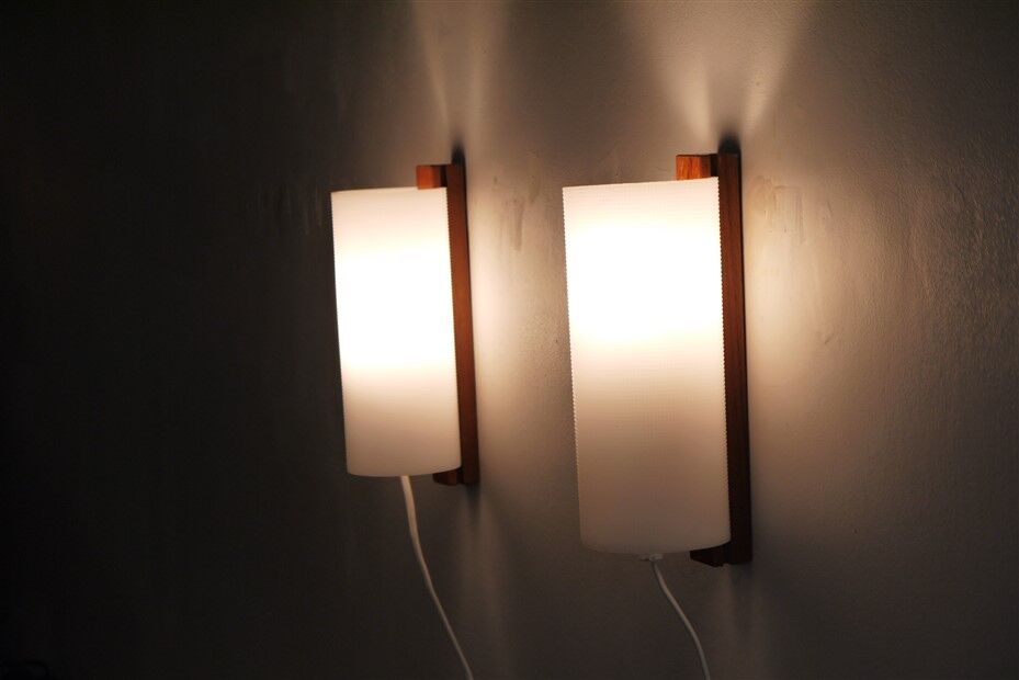 Pair of vintage Scandinavian wall lights in teak and acrylic 1970