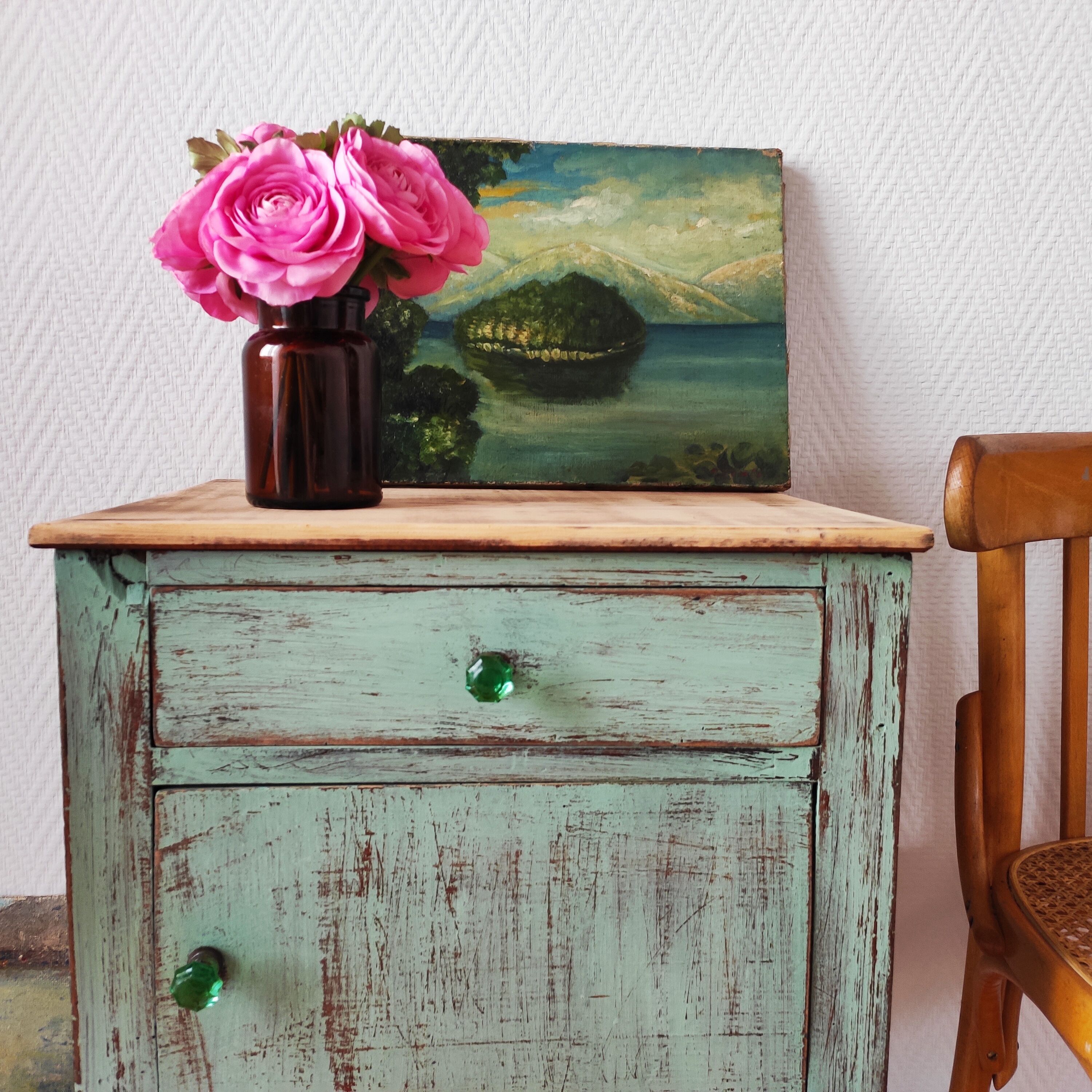 Patinated bedside table end of sofa