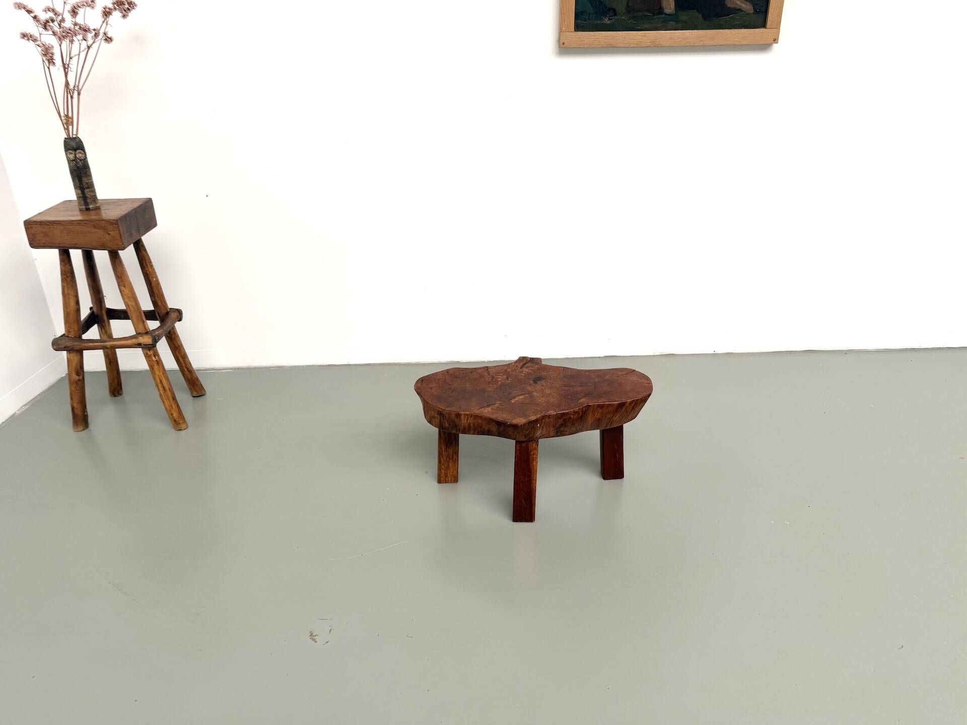 Brutalist tripod coffee table in solid teak – 1970s