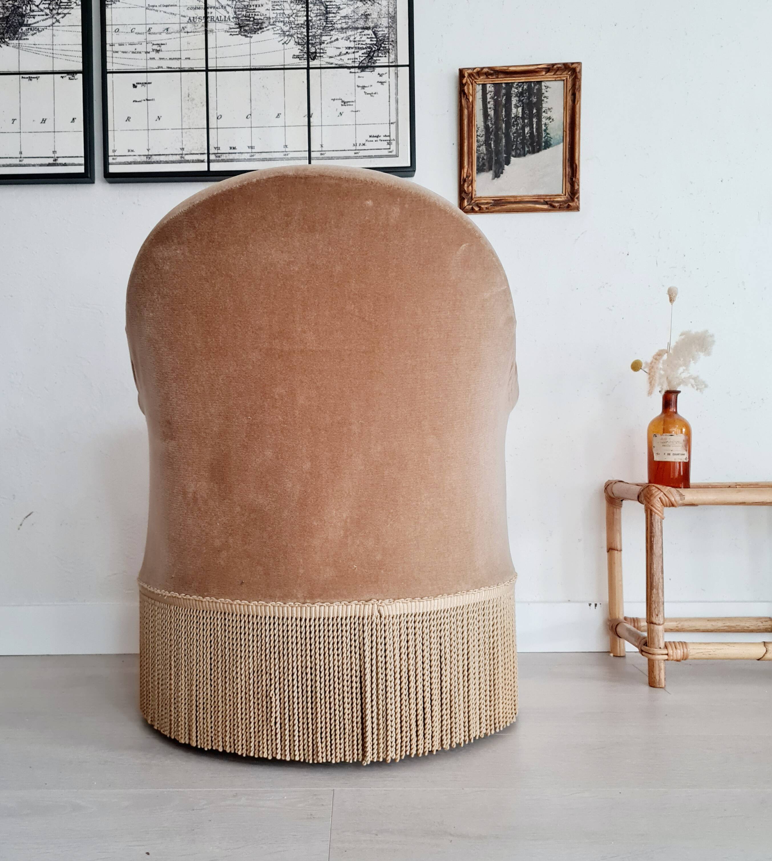 Fauteuil crapaud velours beige doré