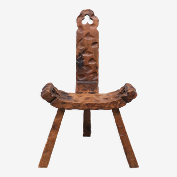 Tabouret bas de trépied espagnol sculpté à la main, années 1950