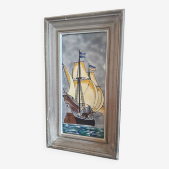 Ceramic earthenware painting signed Ardeco Vallauris sailboat galleon caravel