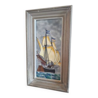 Ceramic earthenware painting signed Ardeco Vallauris sailboat galleon caravel