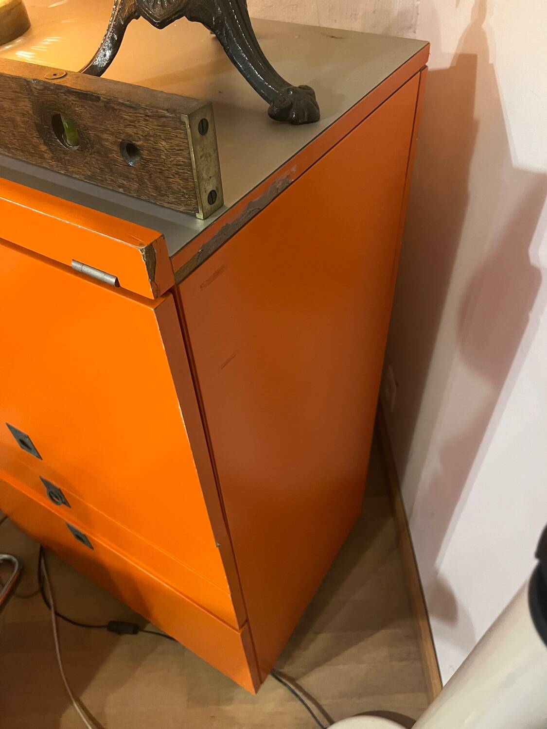 1980 Brown Wood Chest of Drawers with Fold-Out Work Surface and Angled Desktop